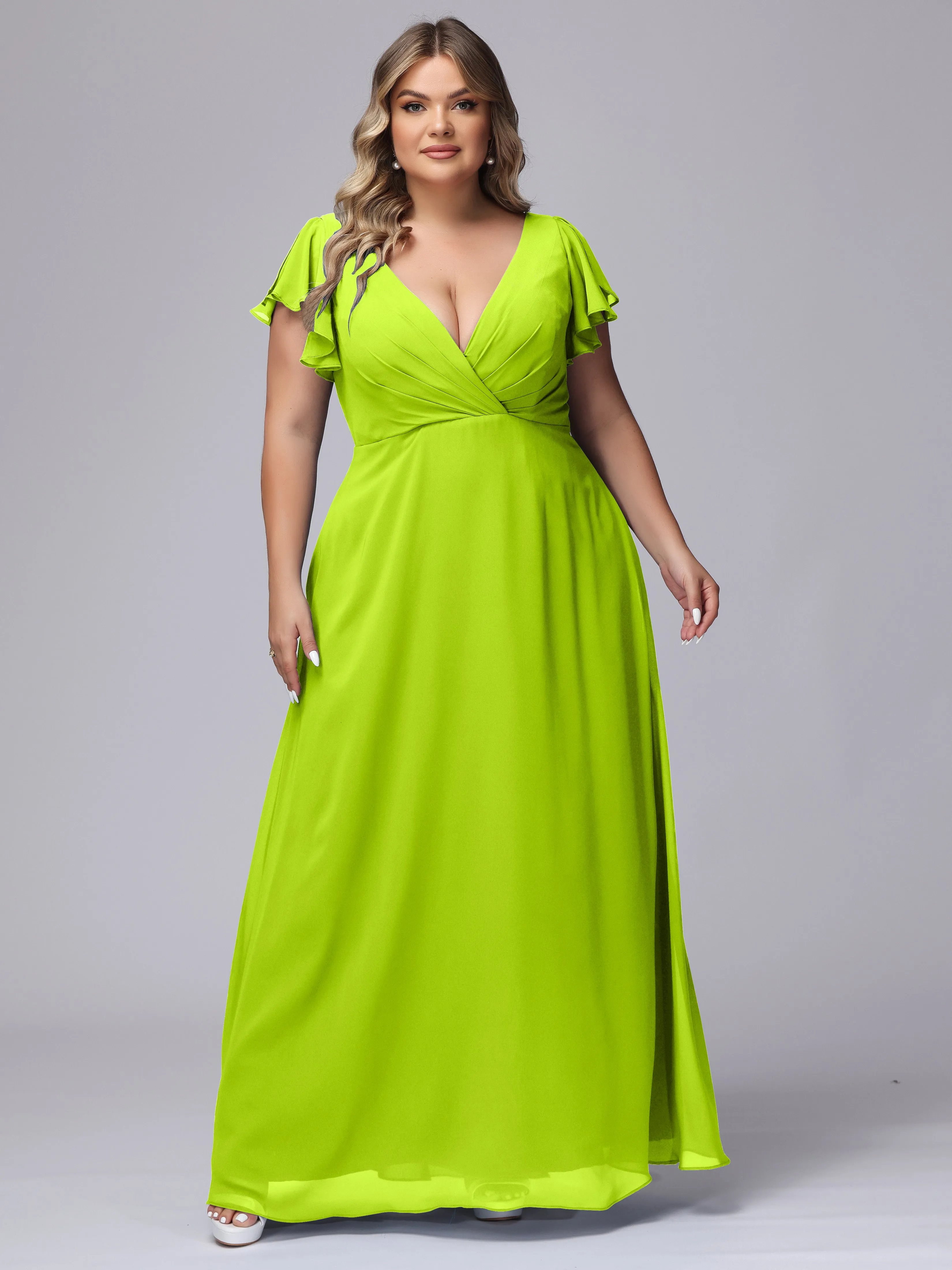 A-line Short Sleeves V-neck Chiffon Plus Size Long Bridesmaid Dresses