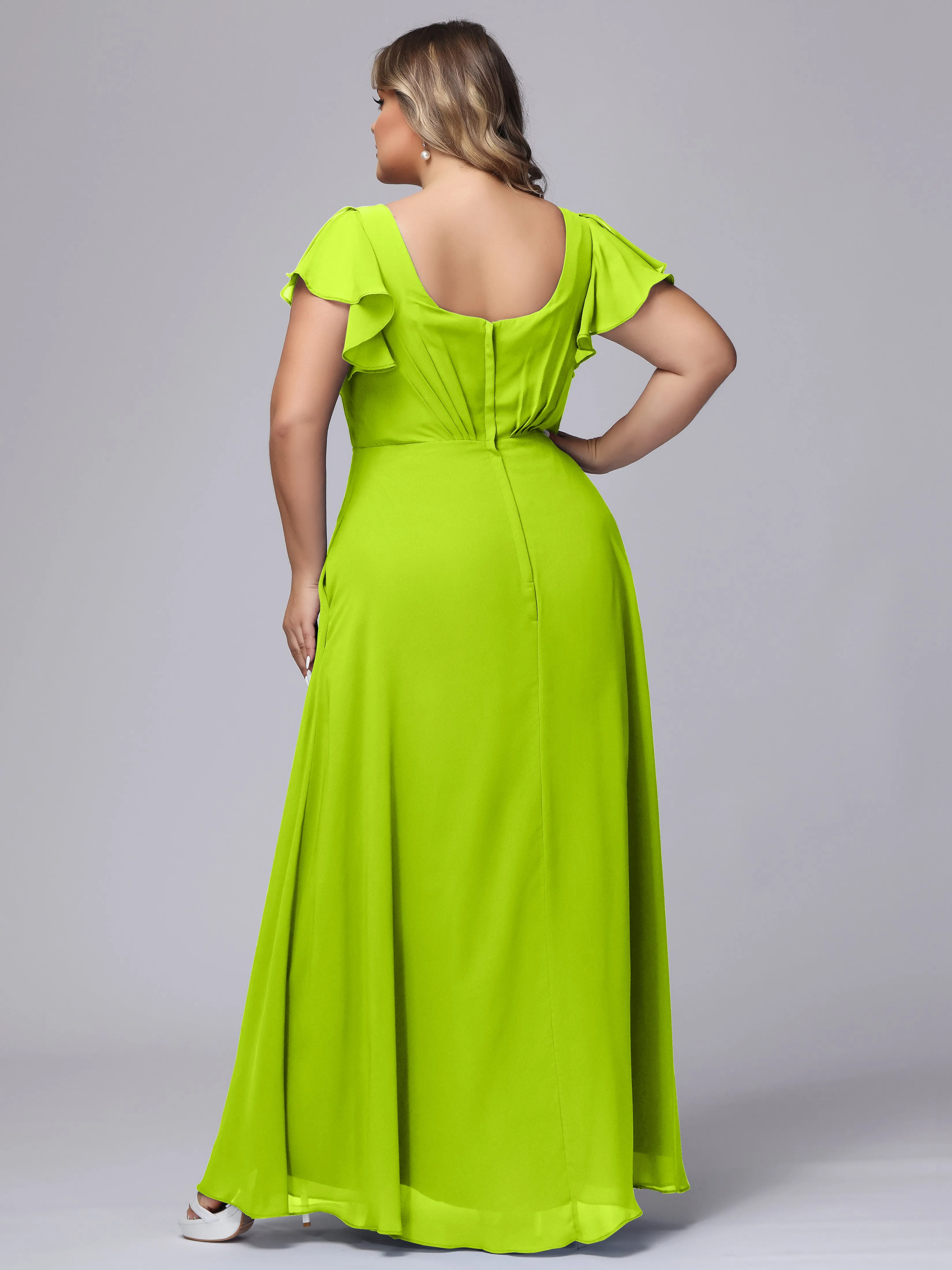 A-line Short Sleeves V-neck Chiffon Plus Size Long Bridesmaid Dresses