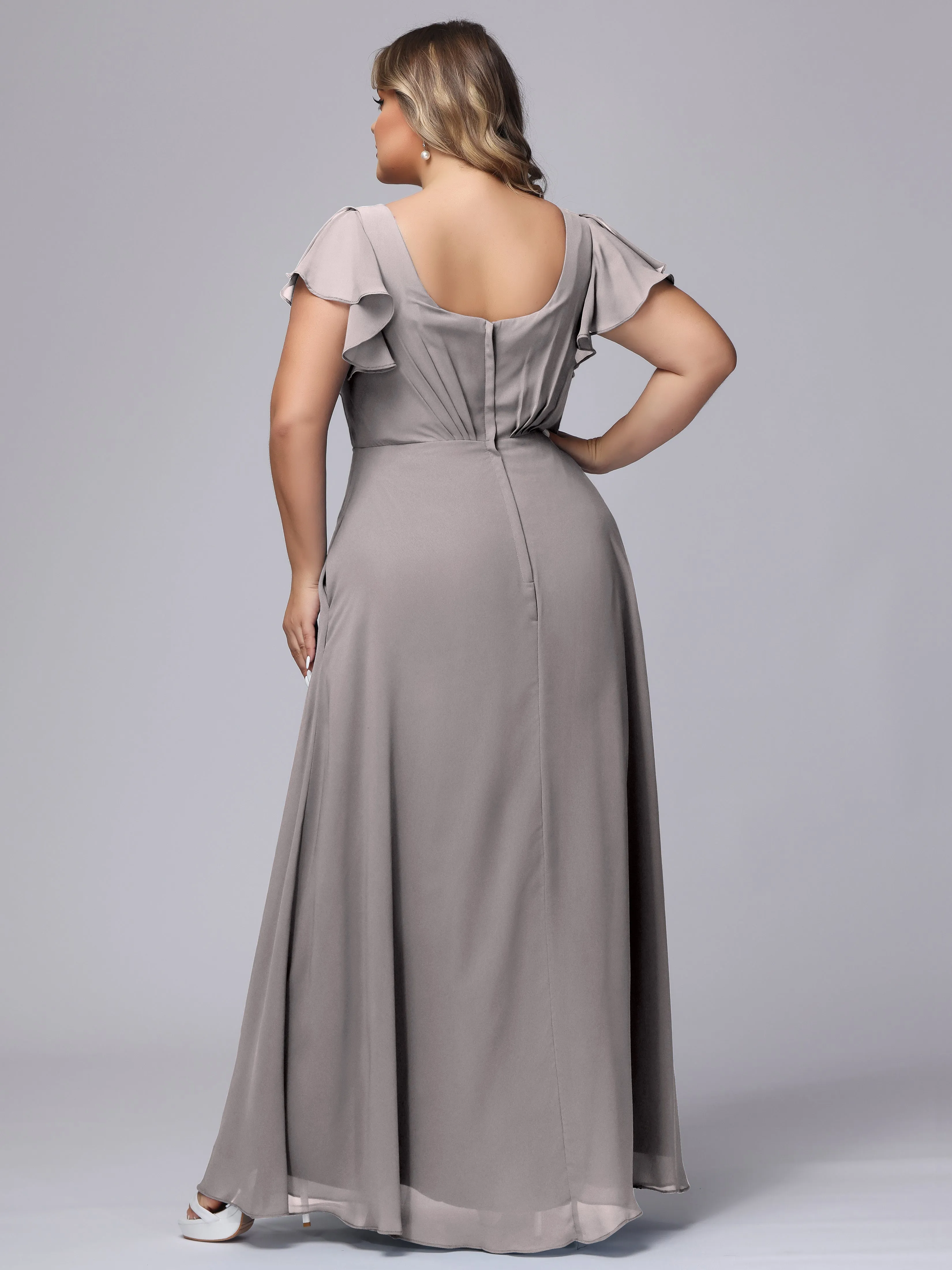 A-line Short Sleeves V-neck Chiffon Plus Size Long Bridesmaid Dresses