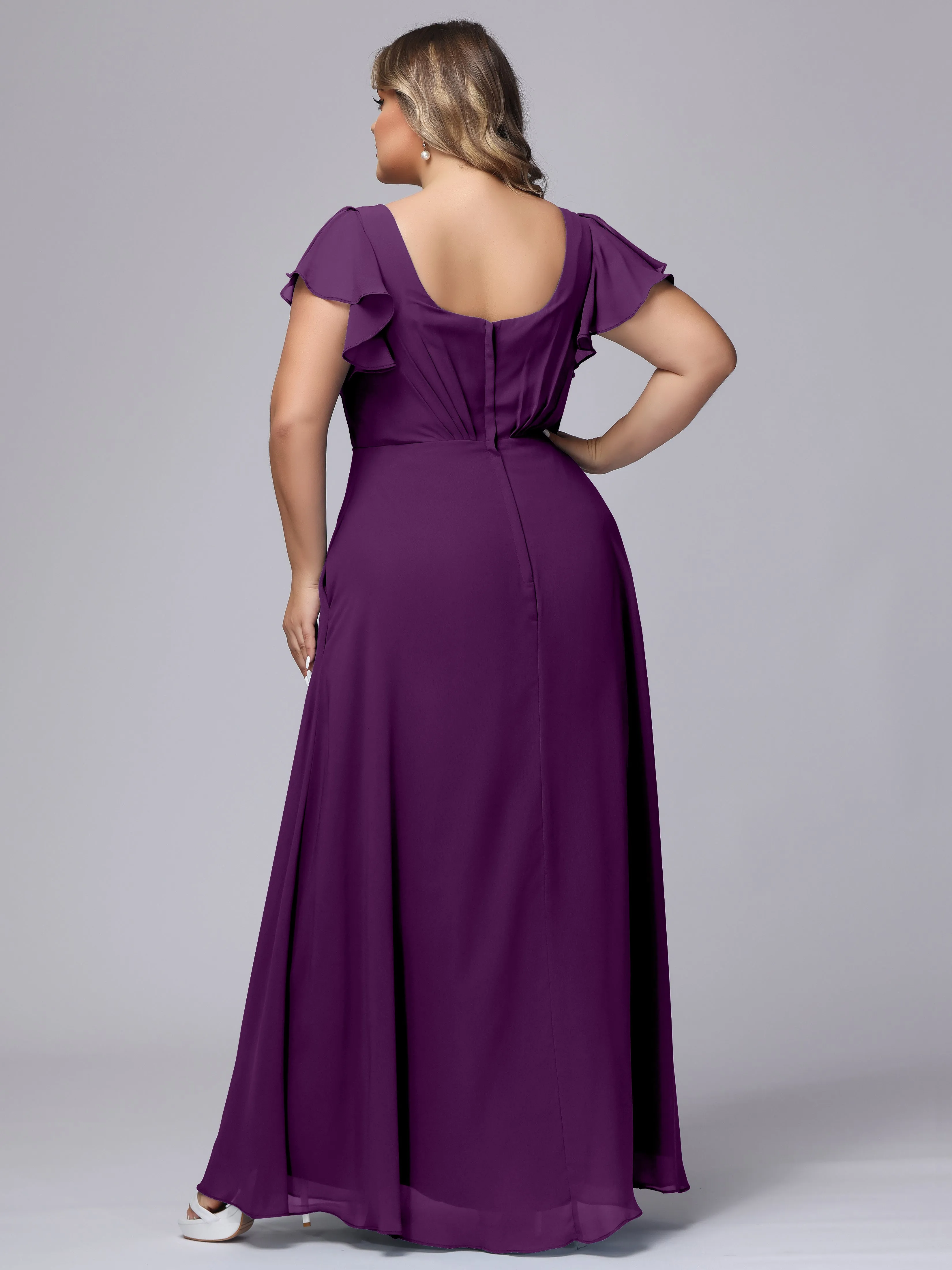 A-line Short Sleeves V-neck Chiffon Plus Size Long Bridesmaid Dresses