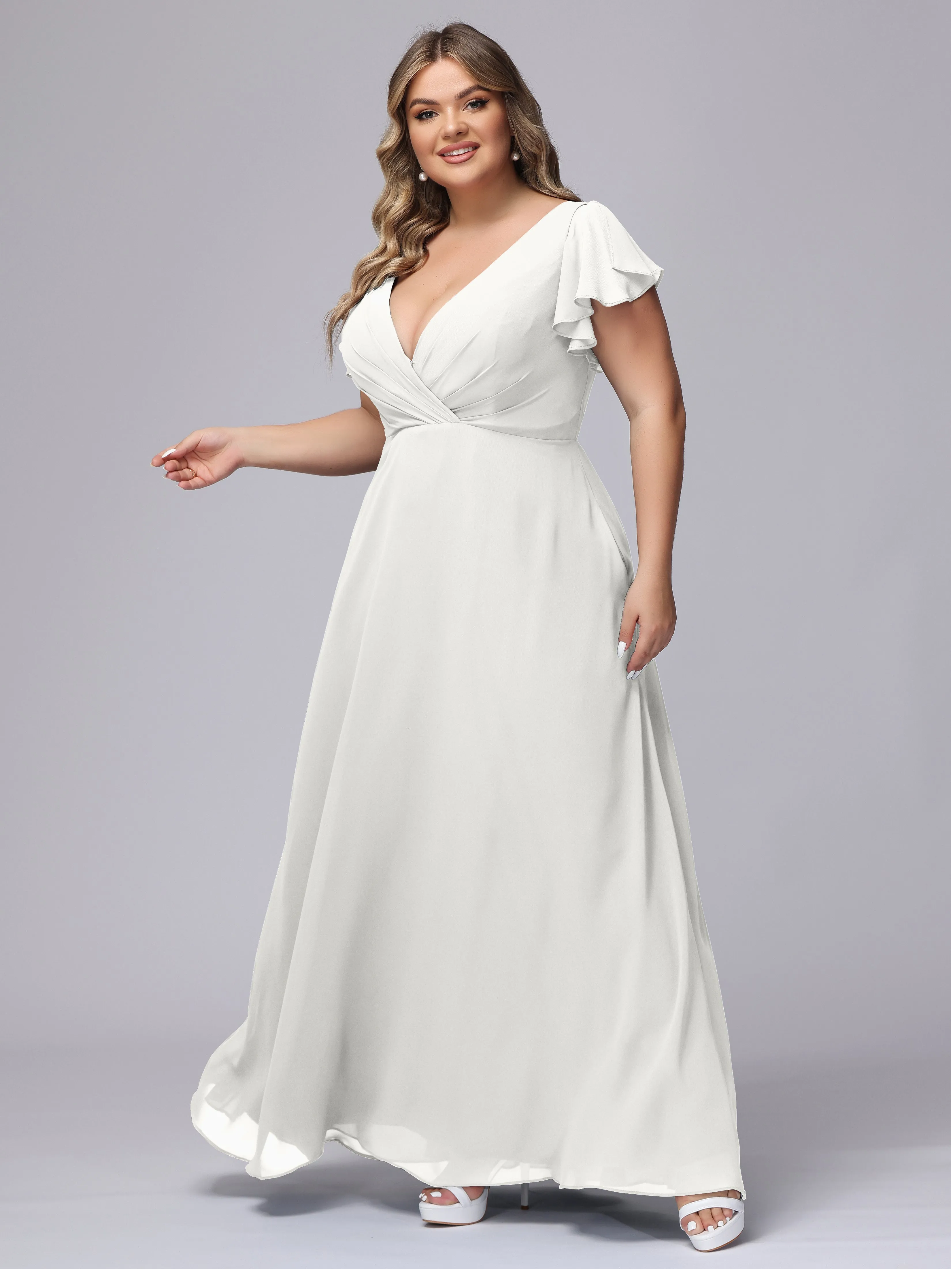 A-line Short Sleeves V-neck Chiffon Plus Size Long Bridesmaid Dresses