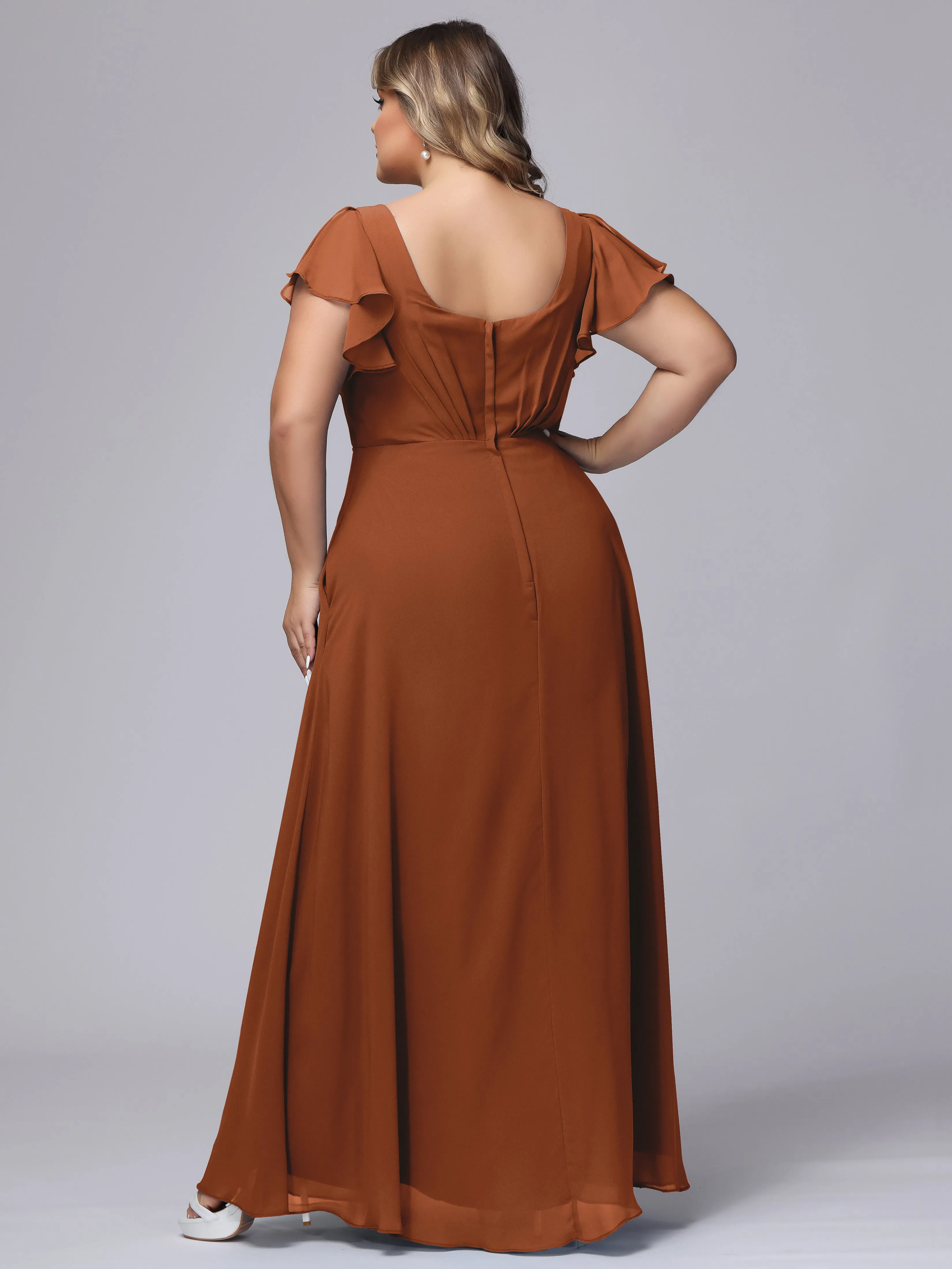 A-line Short Sleeves V-neck Chiffon Plus Size Long Bridesmaid Dresses