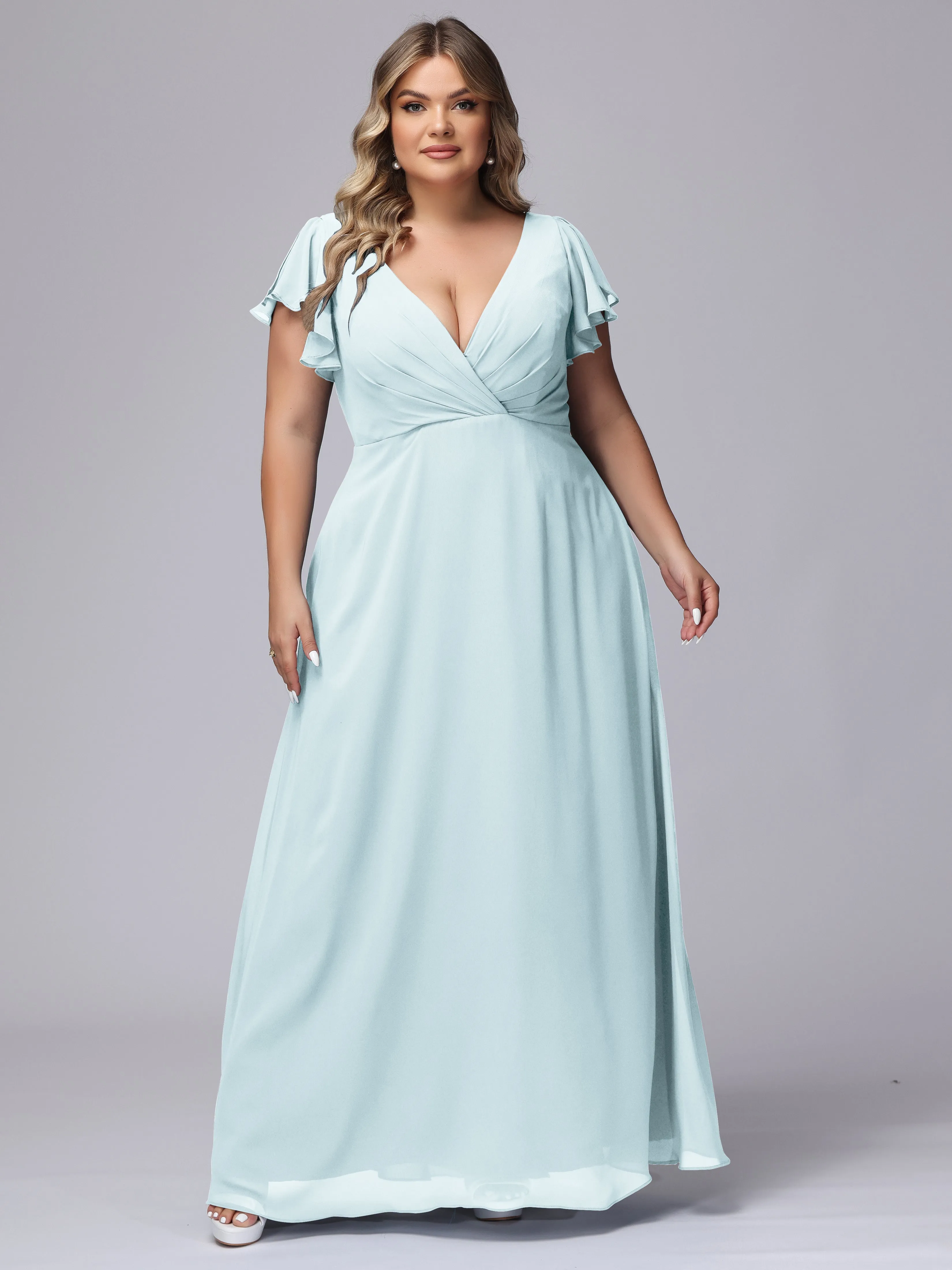 A-line Short Sleeves V-neck Chiffon Plus Size Long Bridesmaid Dresses