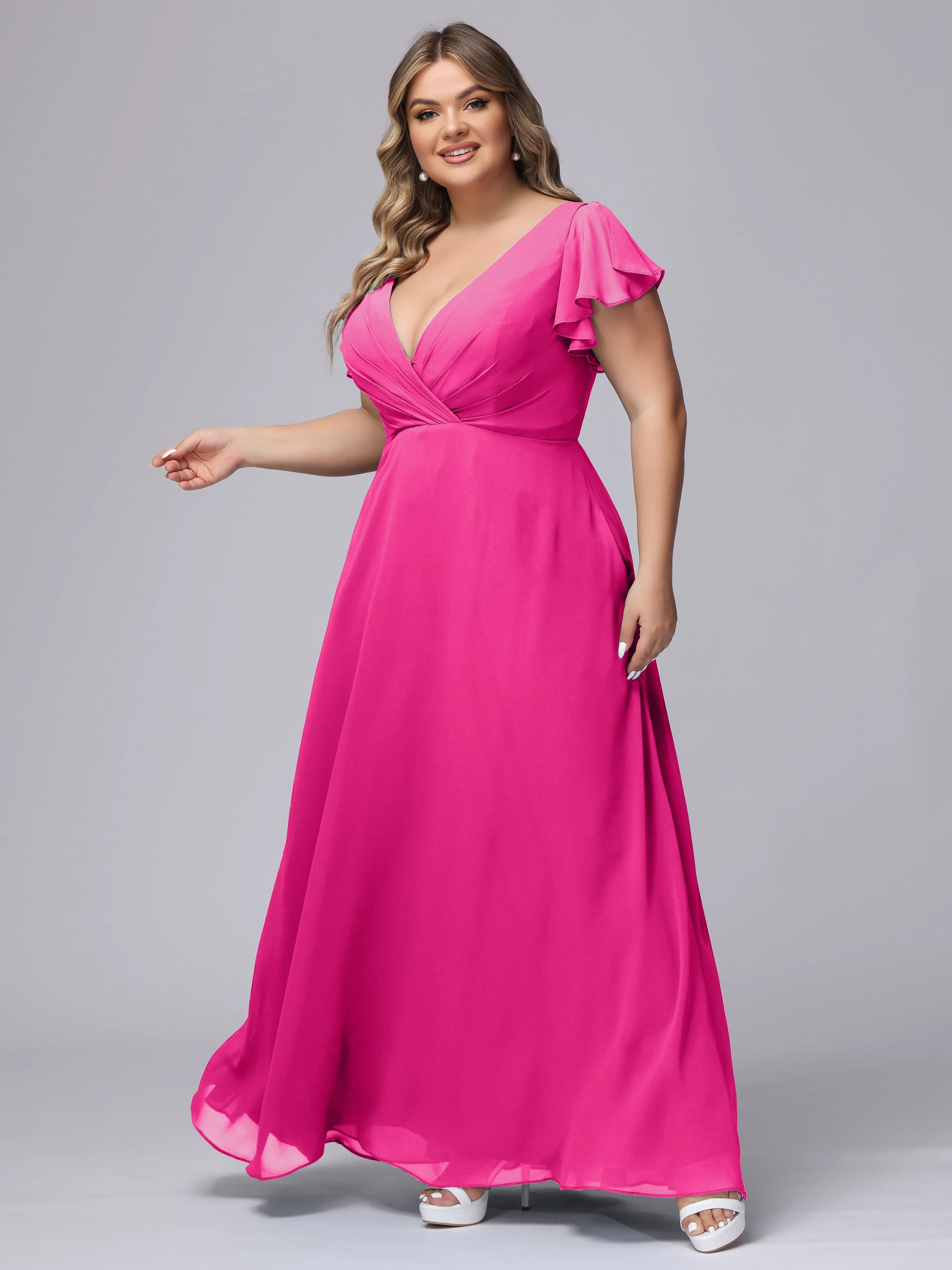A-line Short Sleeves V-neck Chiffon Plus Size Long Bridesmaid Dresses