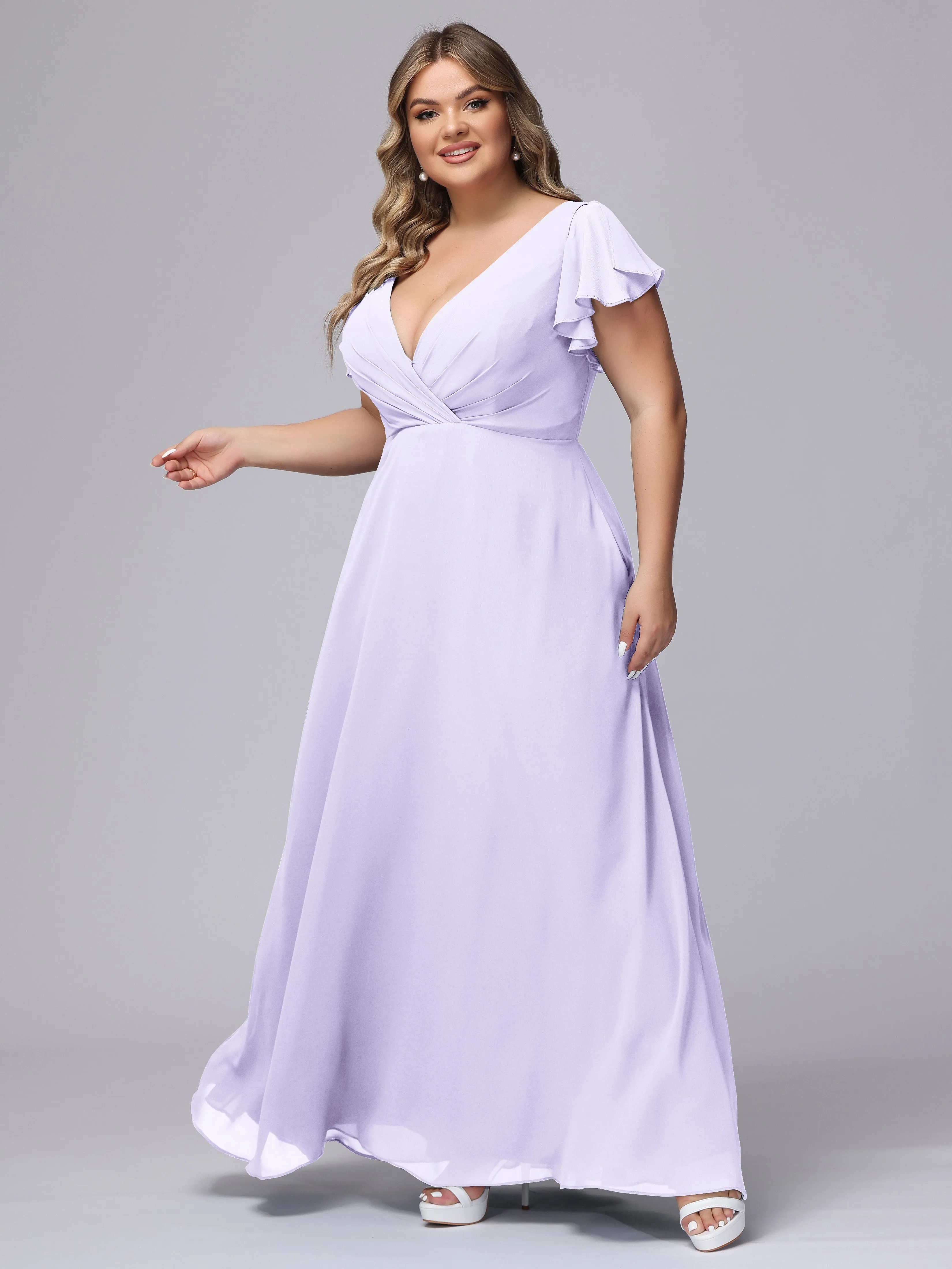 A-line Short Sleeves V-neck Chiffon Plus Size Long Bridesmaid Dresses
