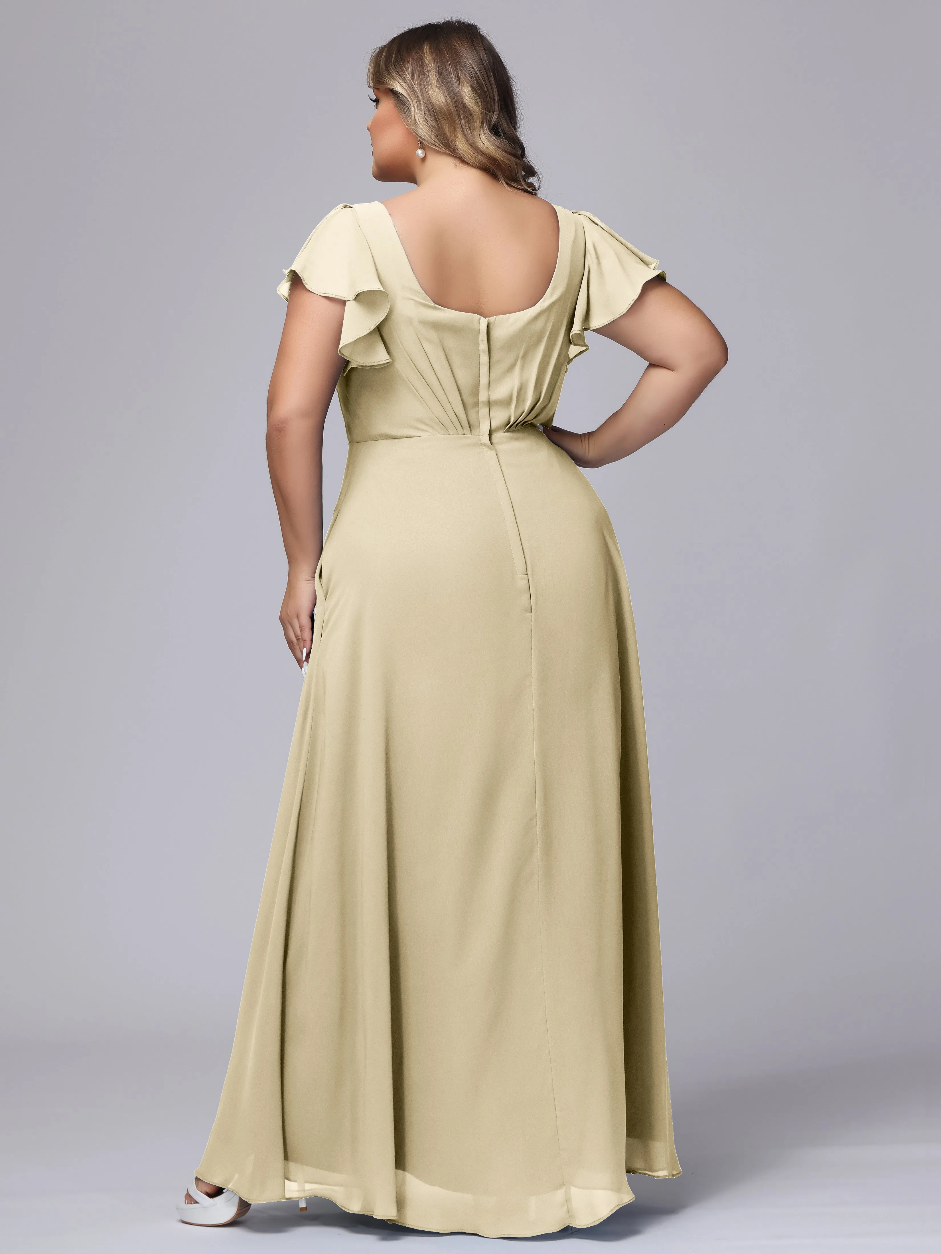 A-line Short Sleeves V-neck Chiffon Plus Size Long Bridesmaid Dresses