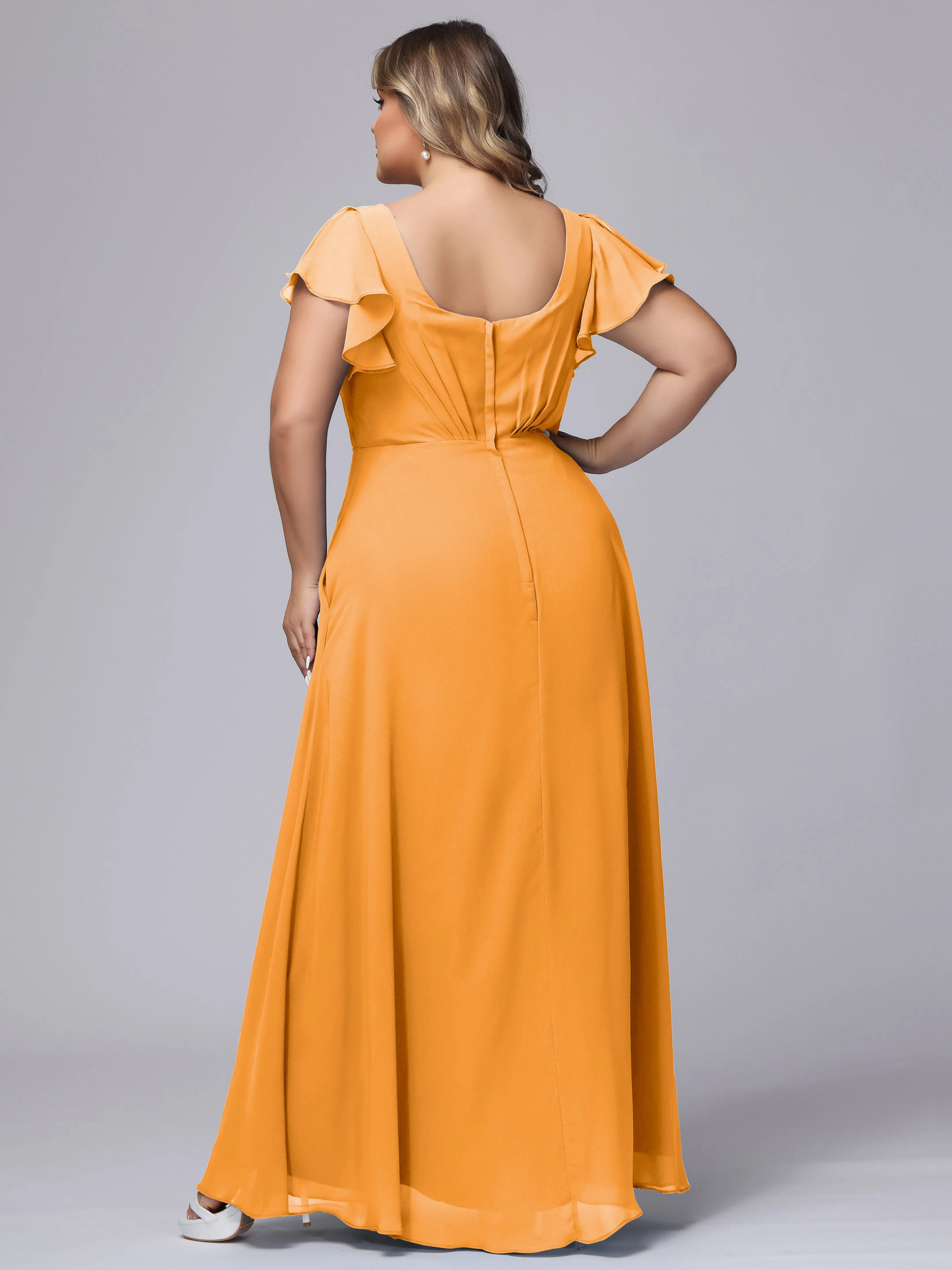 A-line Short Sleeves V-neck Chiffon Plus Size Long Bridesmaid Dresses