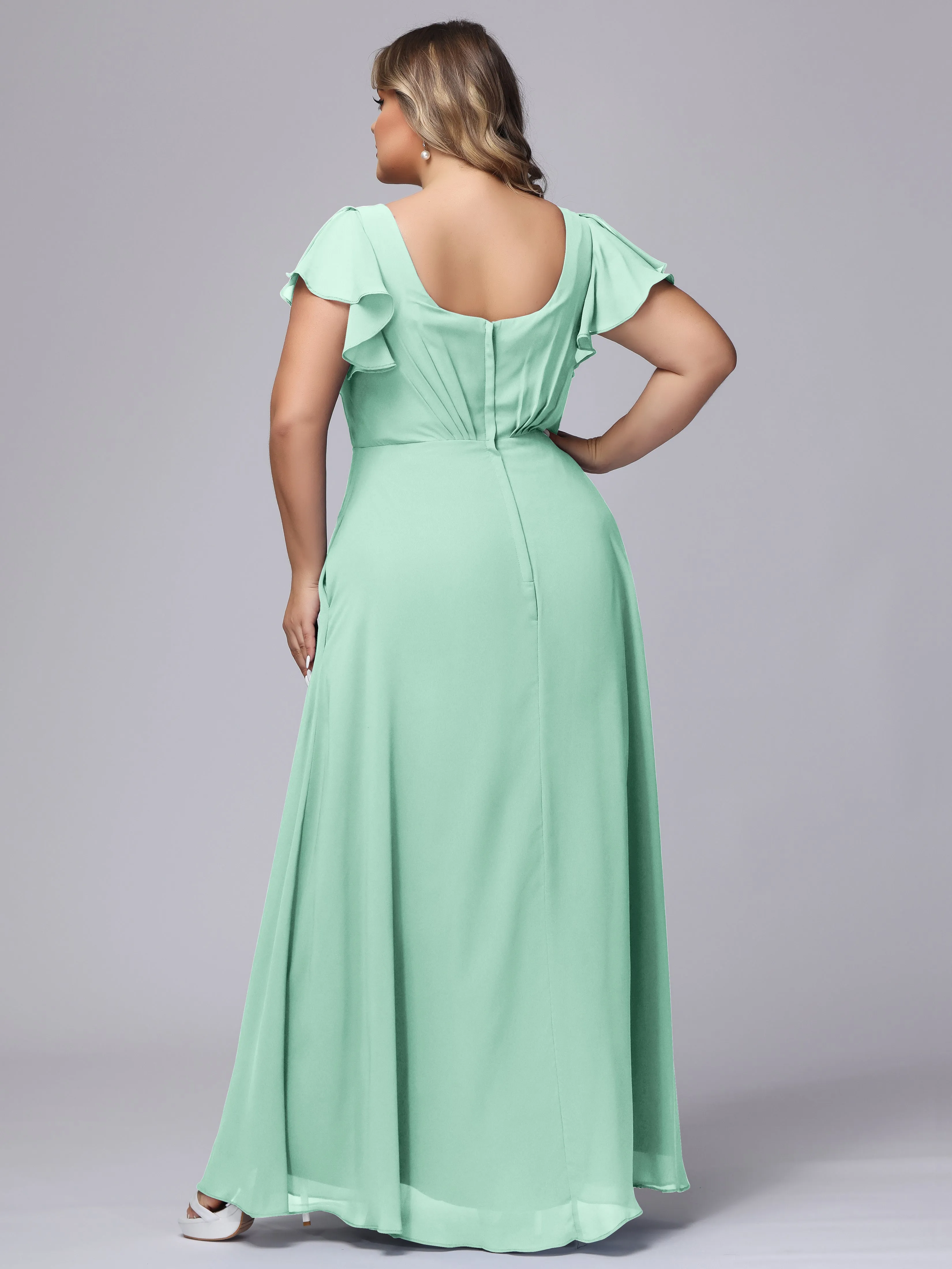 A-line Short Sleeves V-neck Chiffon Plus Size Long Bridesmaid Dresses