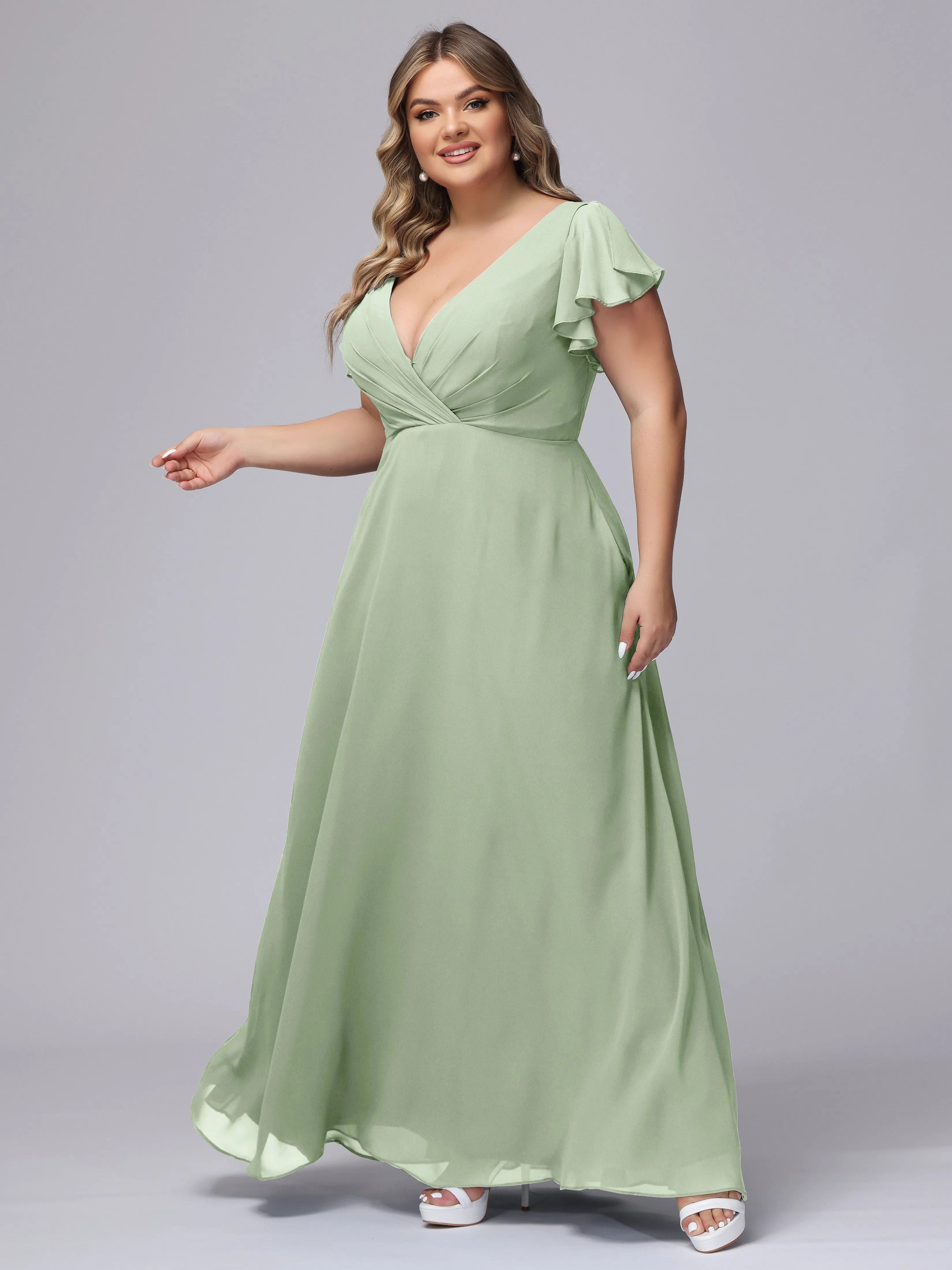 A-line Short Sleeves V-neck Chiffon Plus Size Long Bridesmaid Dresses