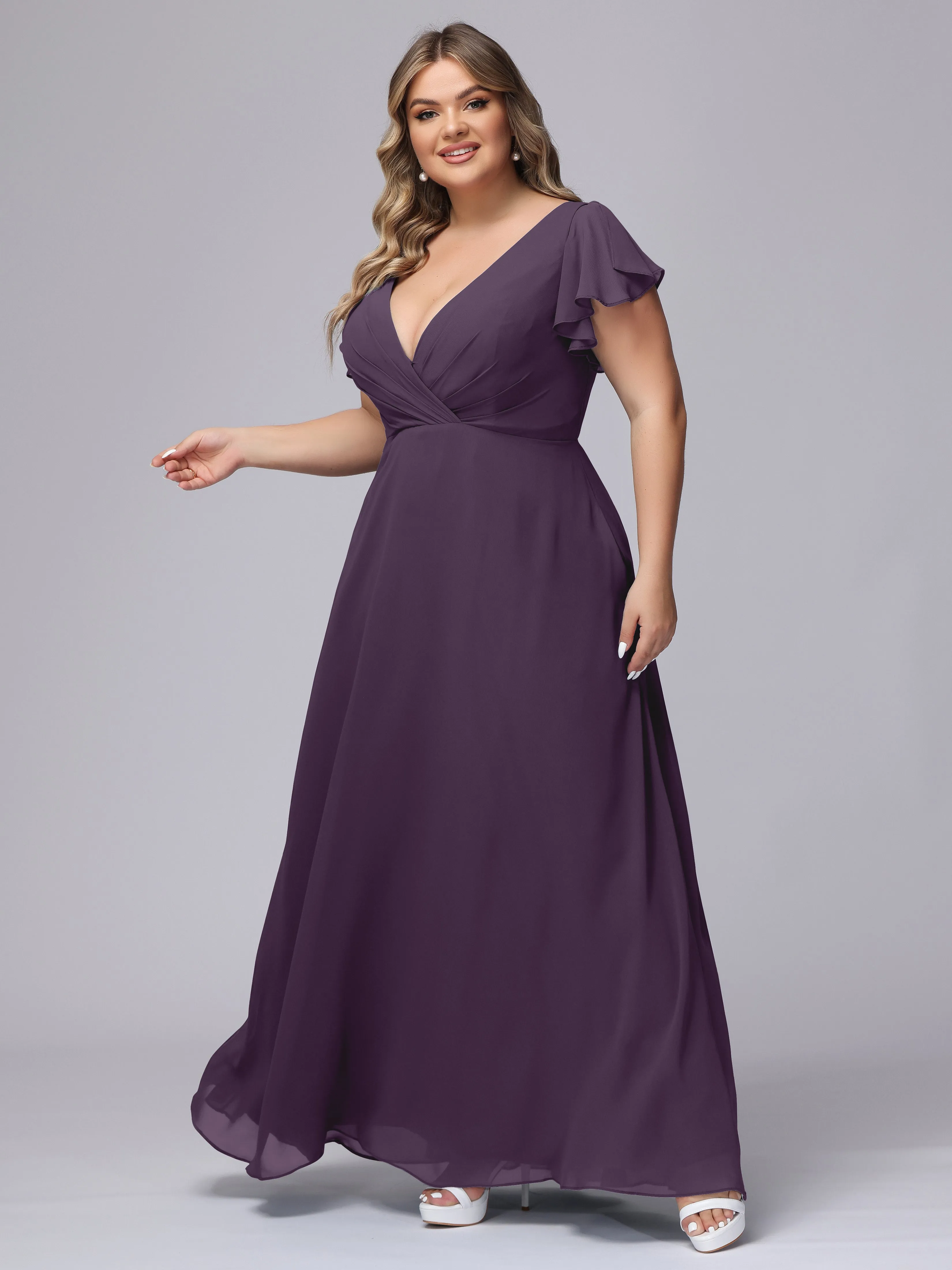 A-line Short Sleeves V-neck Chiffon Plus Size Long Bridesmaid Dresses