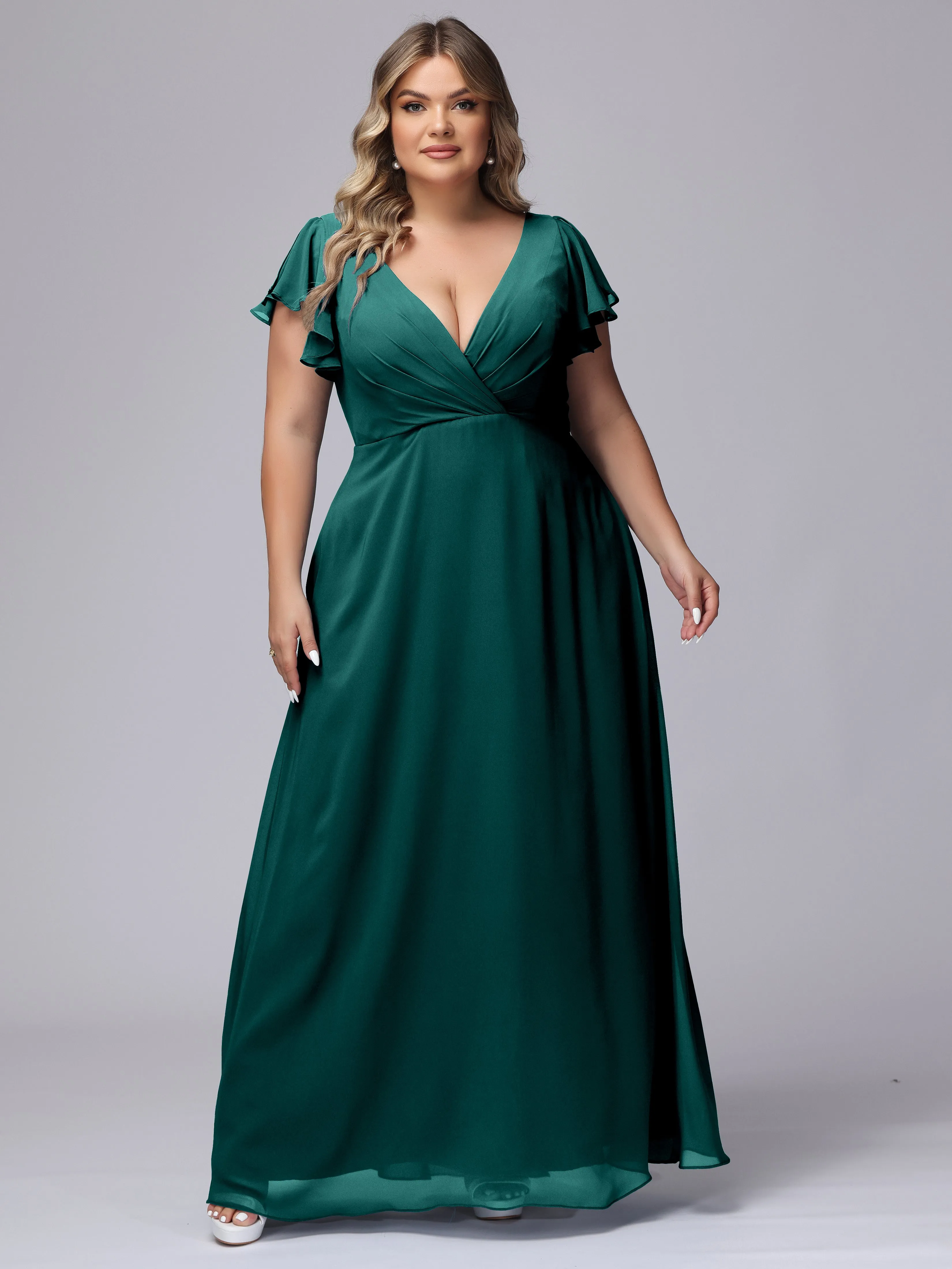 A-line Short Sleeves V-neck Chiffon Plus Size Long Bridesmaid Dresses