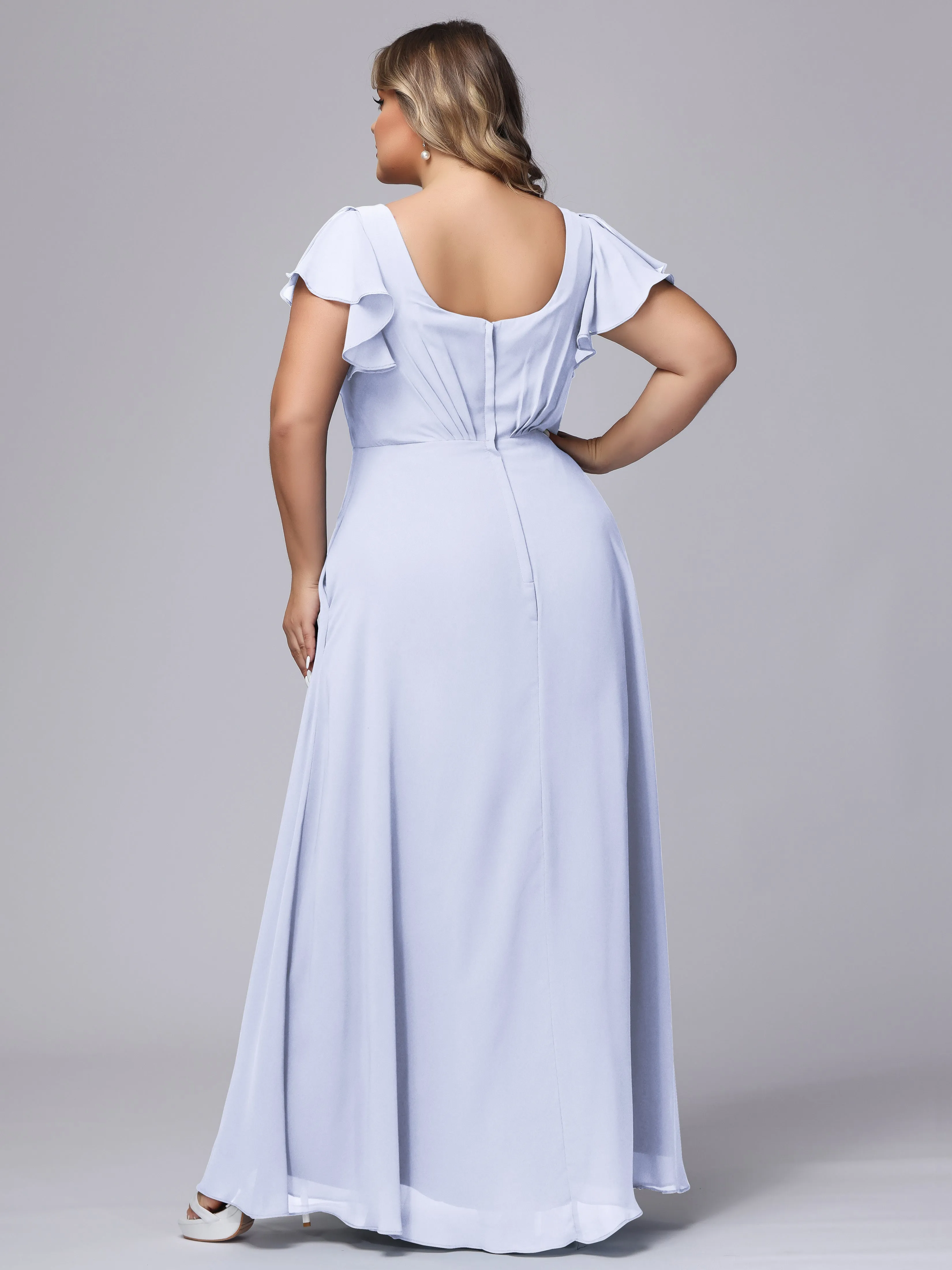 A-line Short Sleeves V-neck Chiffon Plus Size Long Bridesmaid Dresses