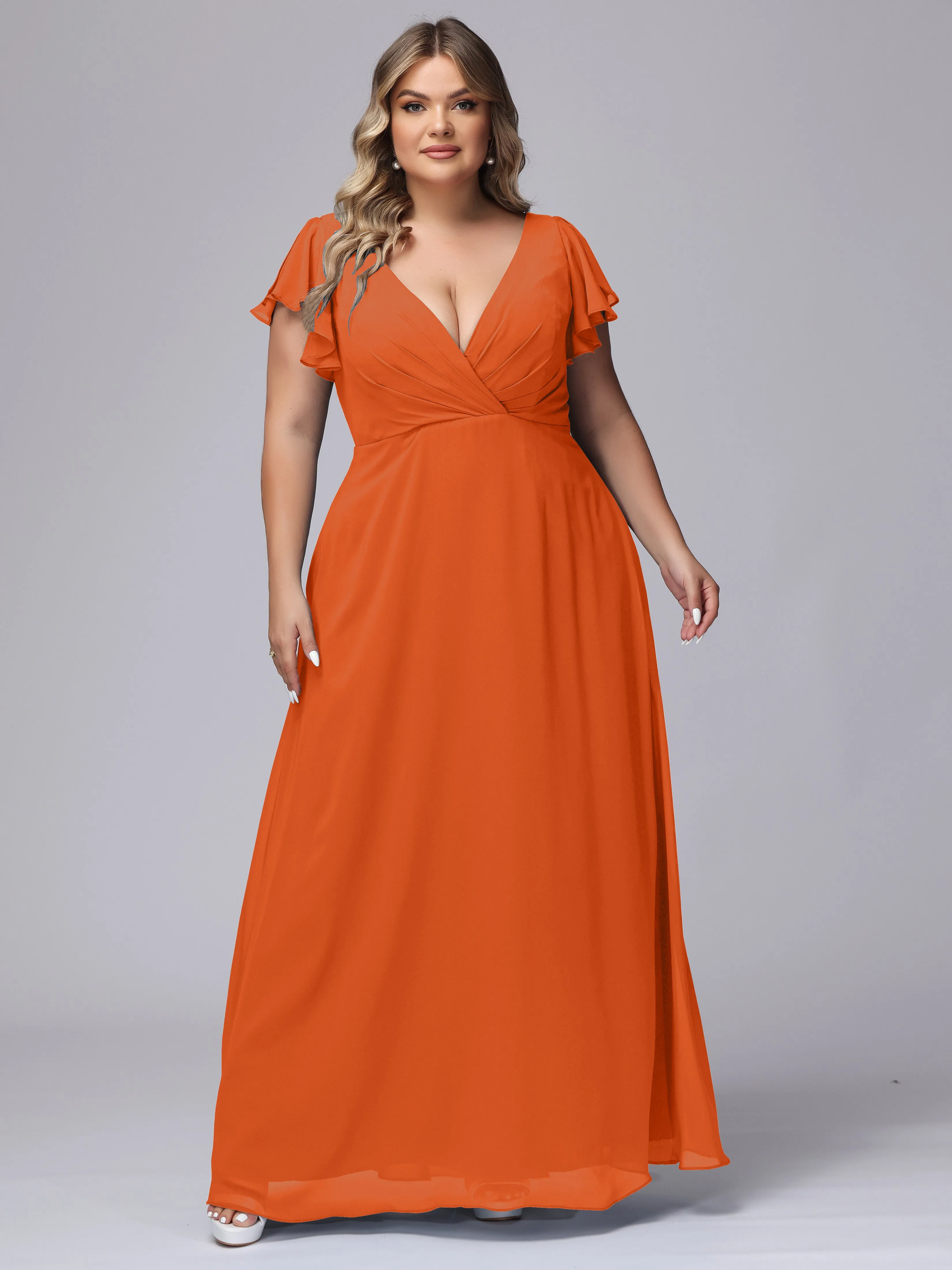 A-line Short Sleeves V-neck Chiffon Plus Size Long Bridesmaid Dresses