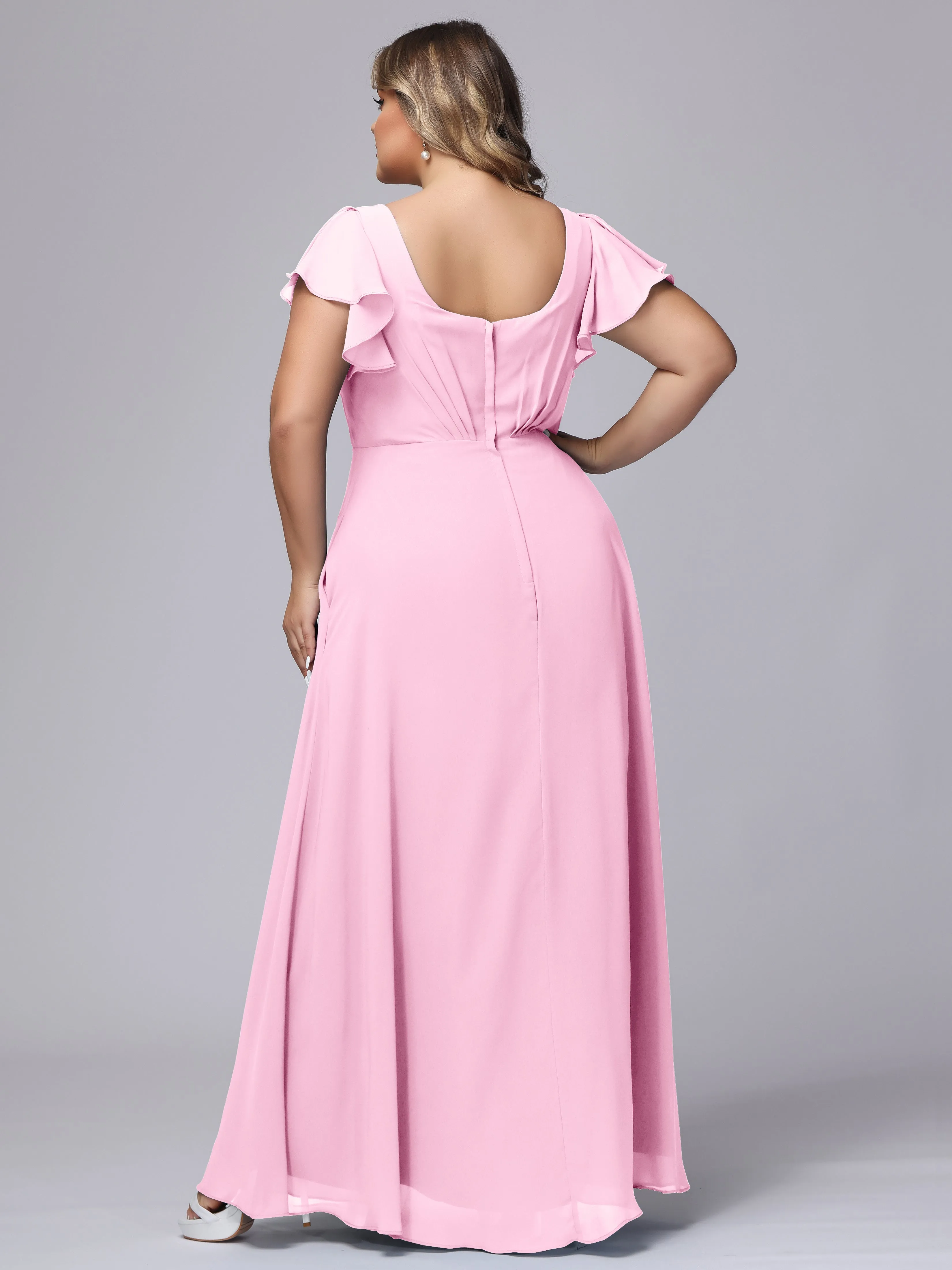 A-line Short Sleeves V-neck Chiffon Plus Size Long Bridesmaid Dresses