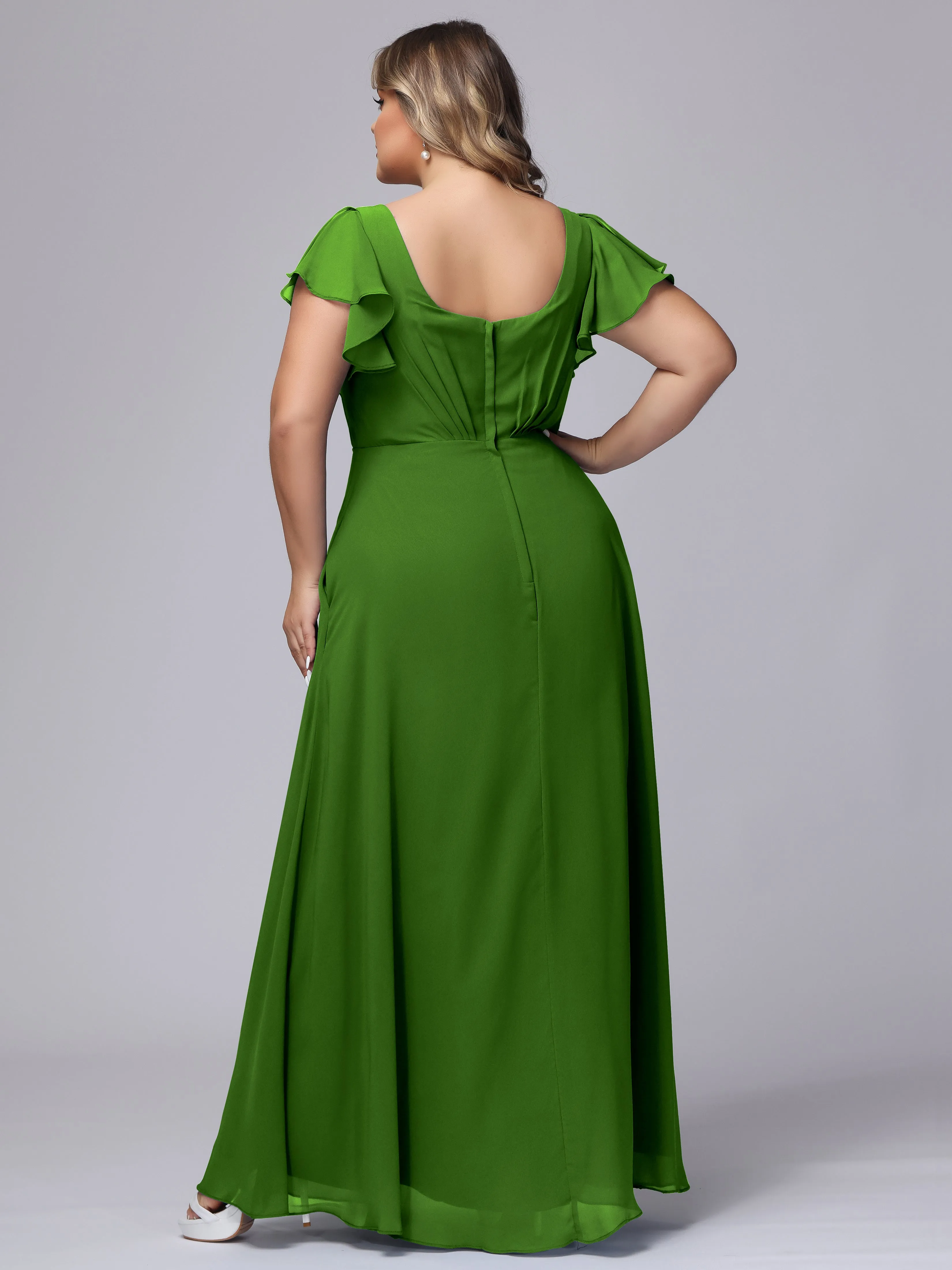 A-line Short Sleeves V-neck Chiffon Plus Size Long Bridesmaid Dresses