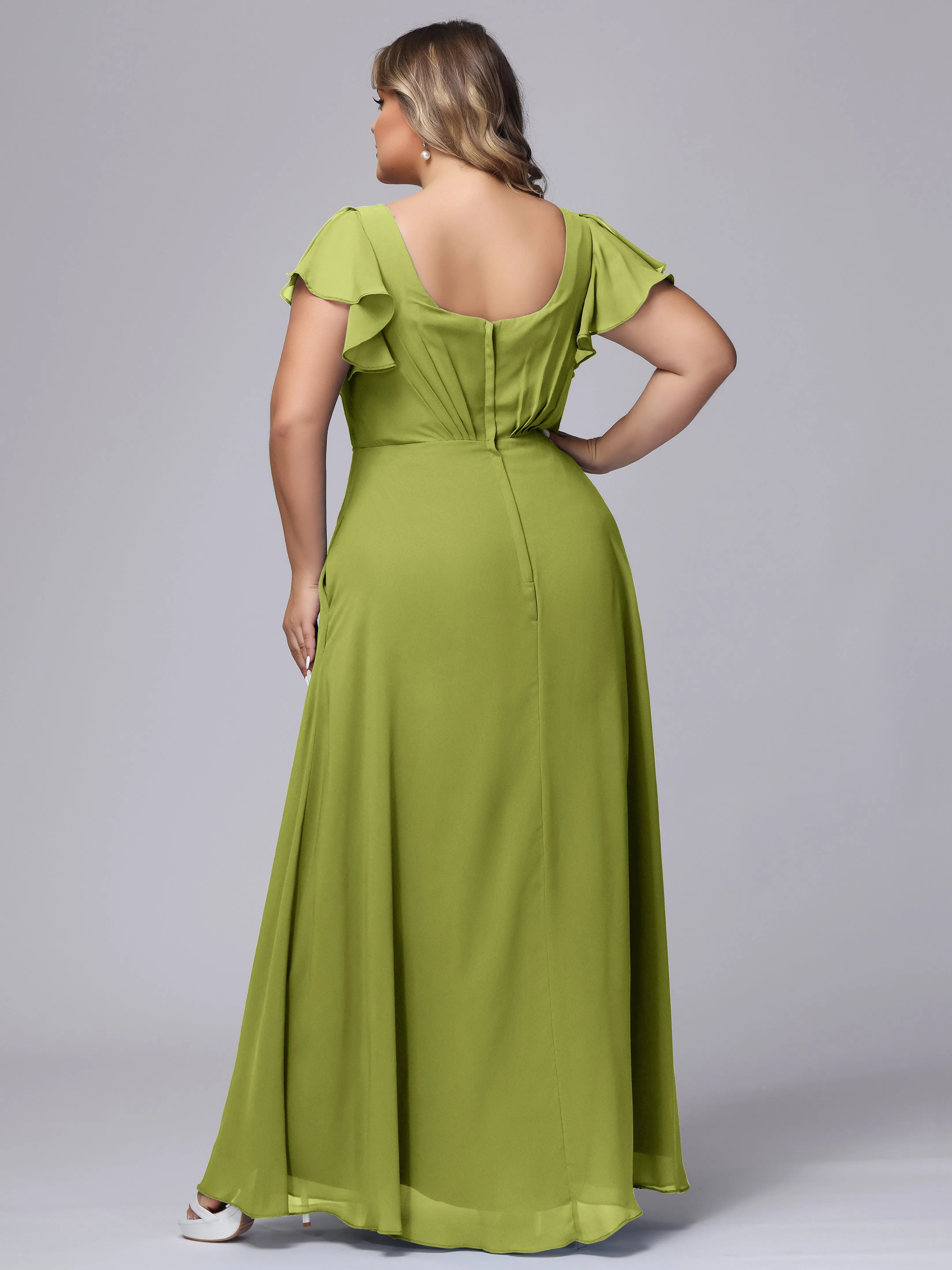 A-line Short Sleeves V-neck Chiffon Plus Size Long Bridesmaid Dresses