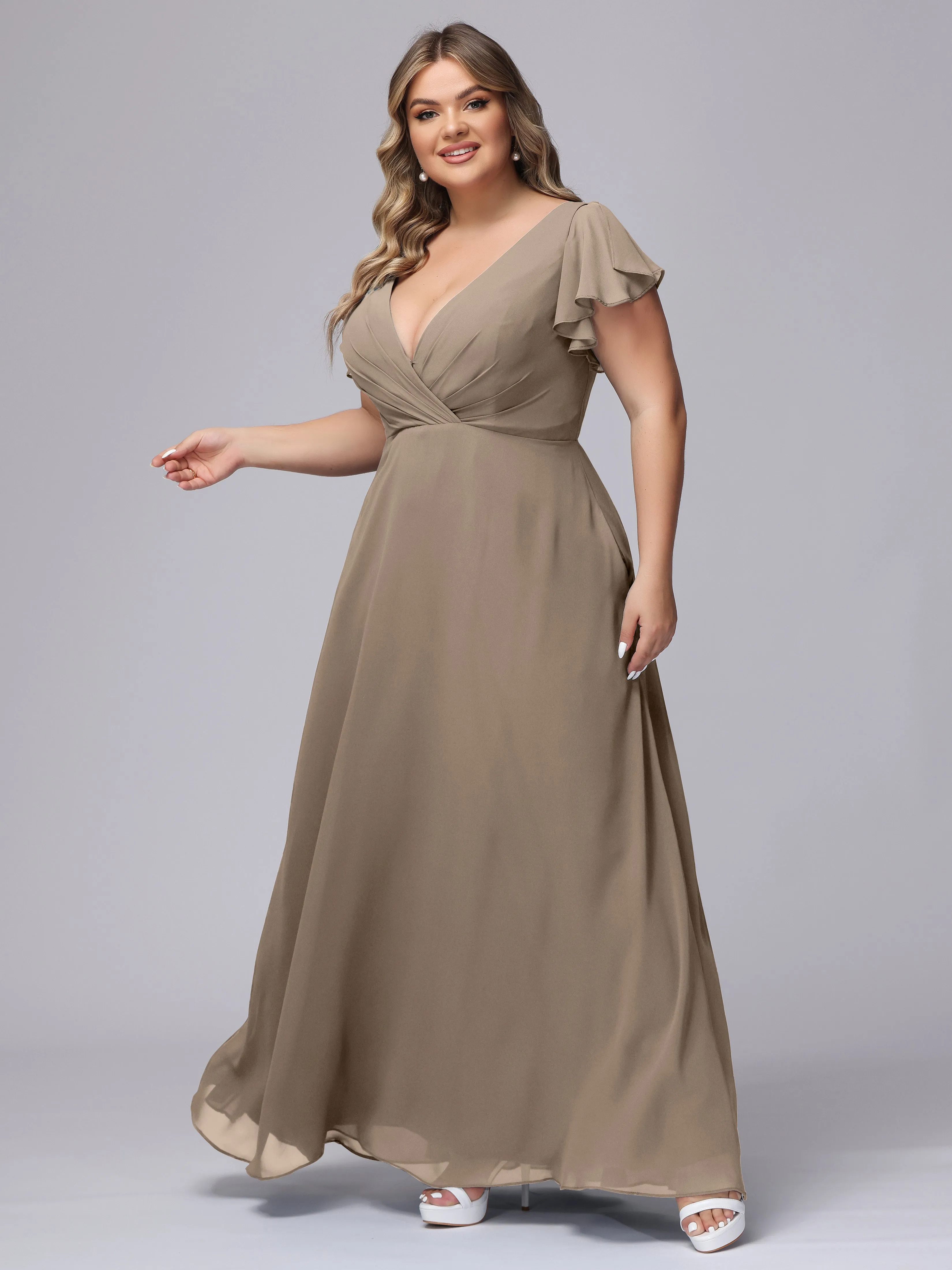 A-line Short Sleeves V-neck Chiffon Plus Size Long Bridesmaid Dresses