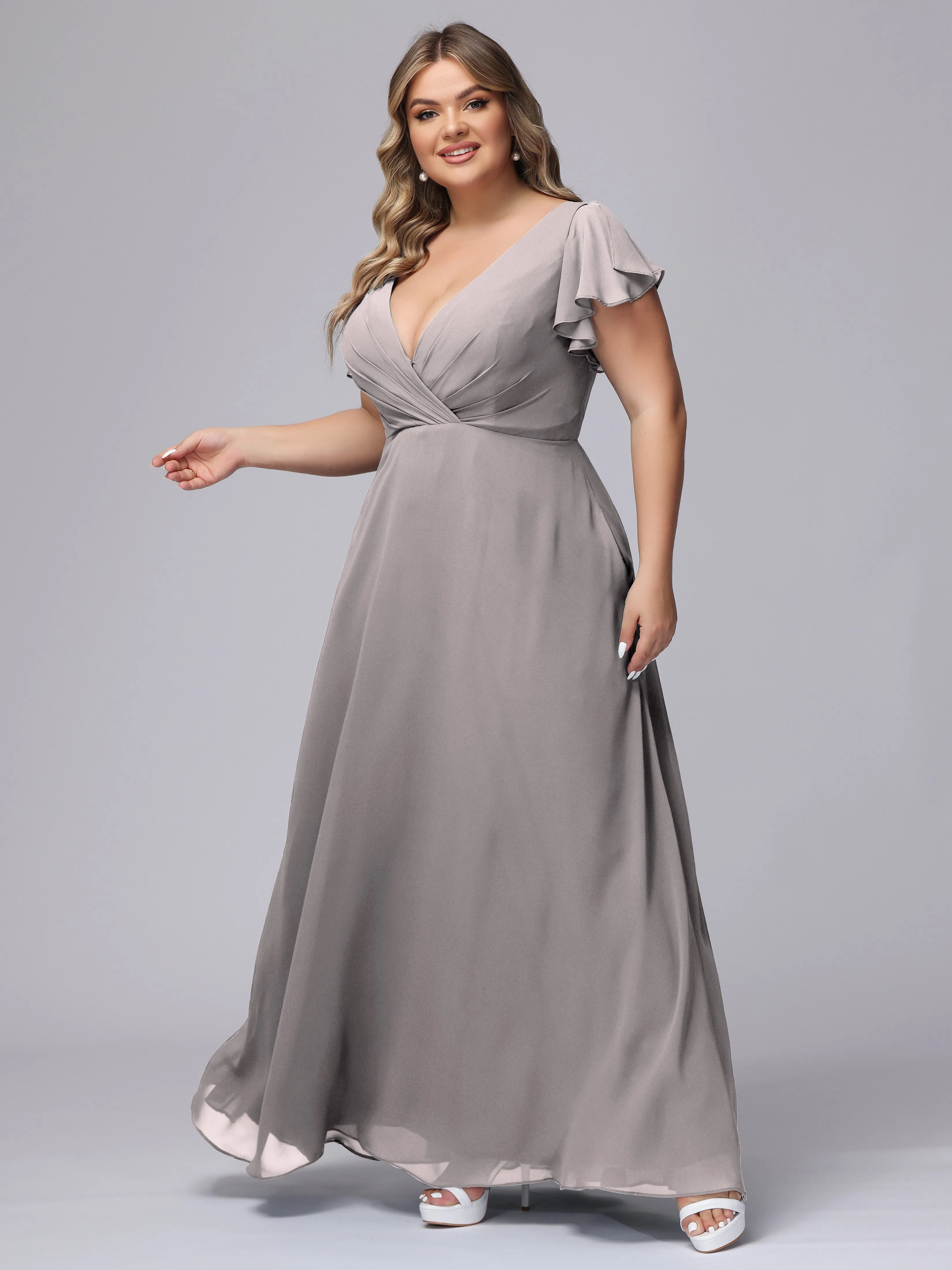 A-line Short Sleeves V-neck Chiffon Plus Size Long Bridesmaid Dresses