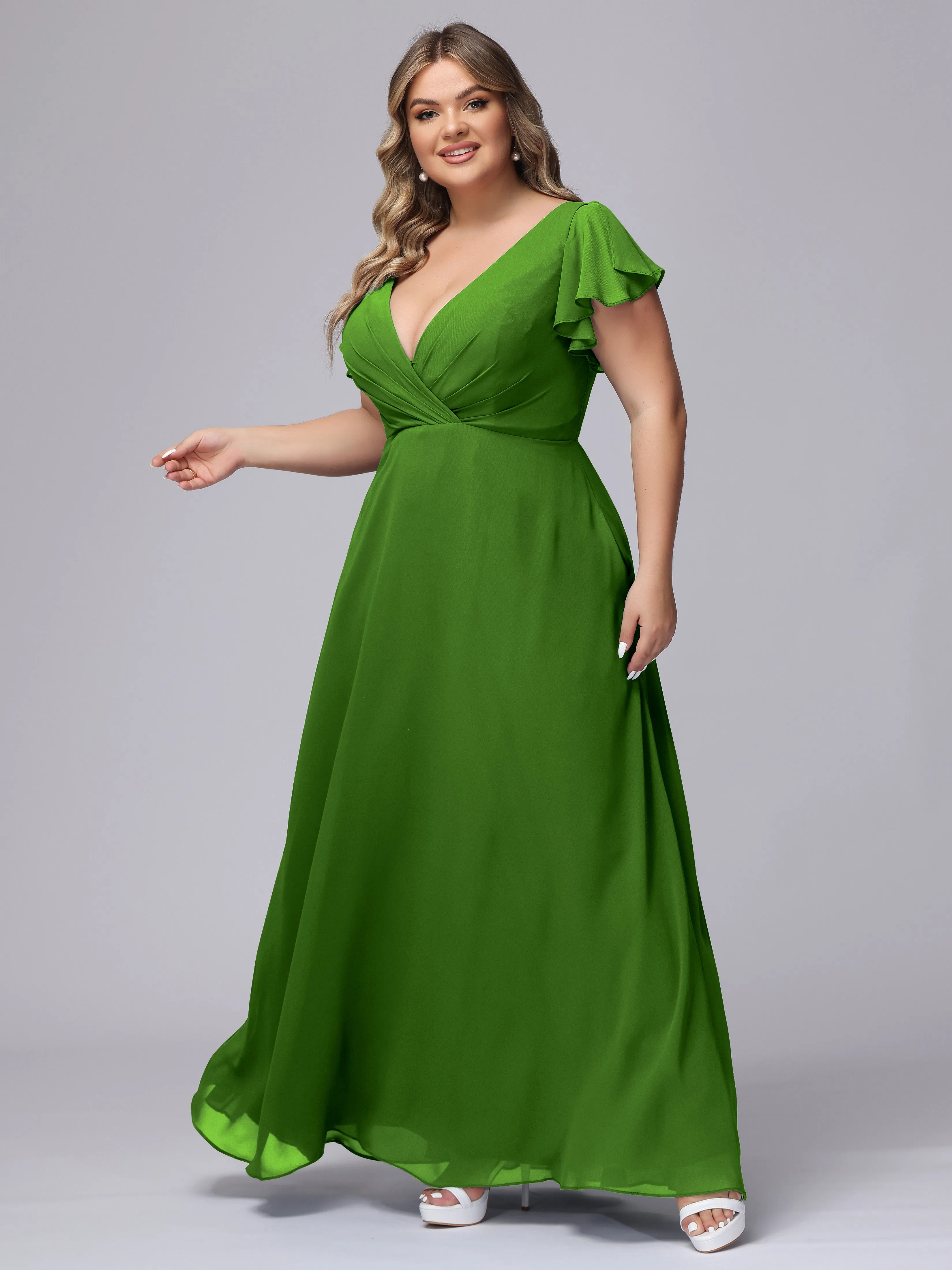 A-line Short Sleeves V-neck Chiffon Plus Size Long Bridesmaid Dresses