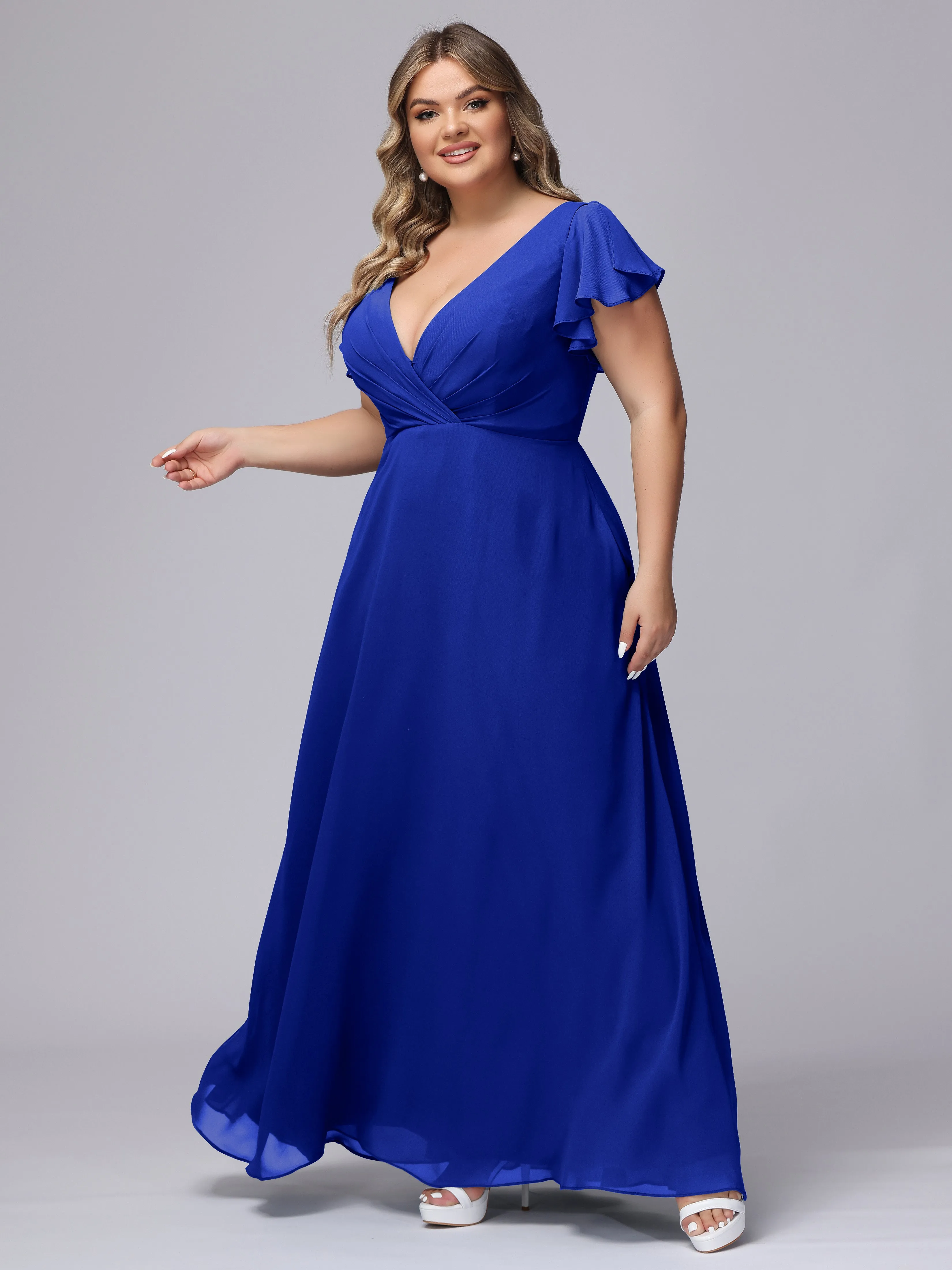 A-line Short Sleeves V-neck Chiffon Plus Size Long Bridesmaid Dresses