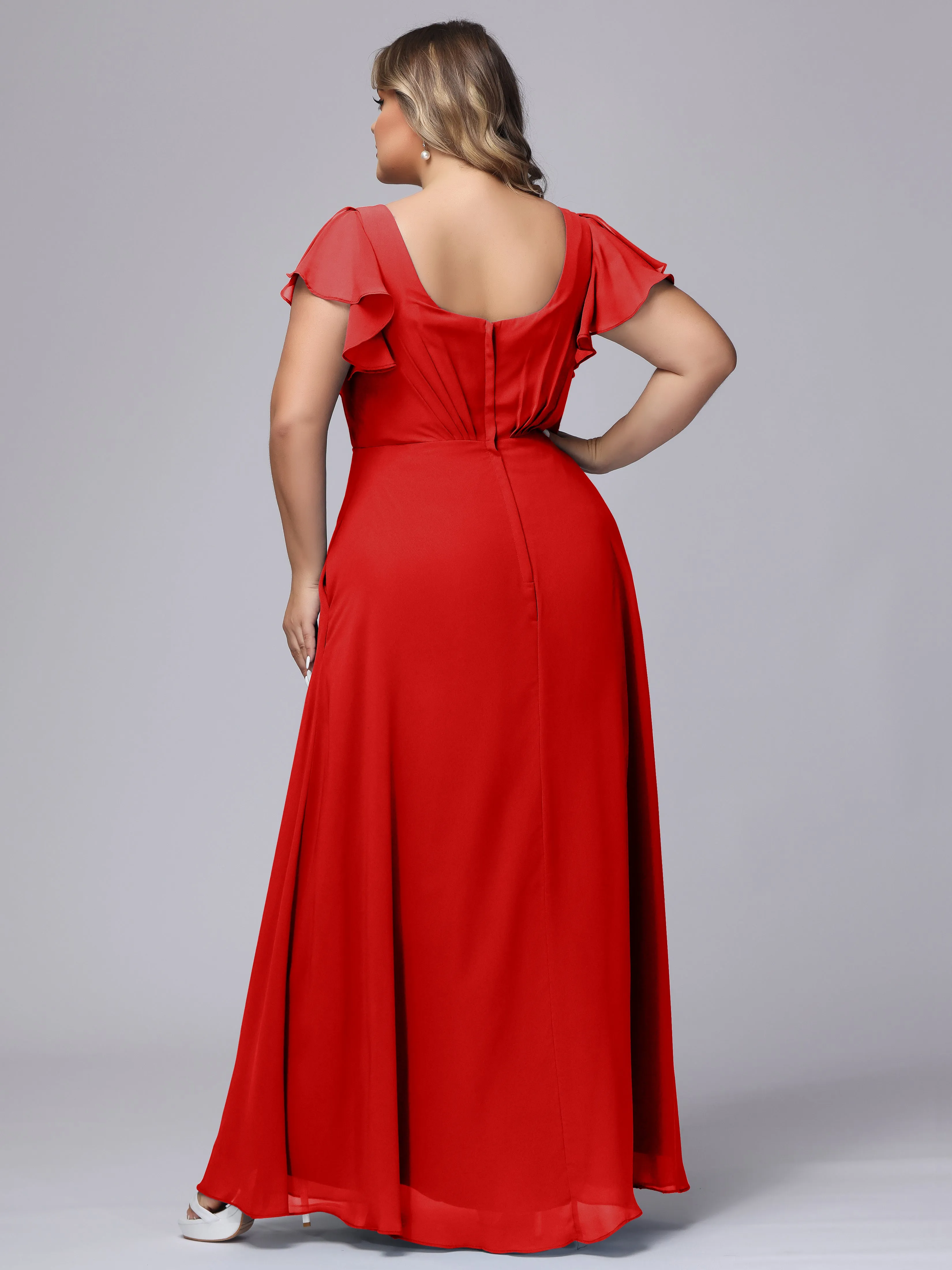 A-line Short Sleeves V-neck Chiffon Plus Size Long Bridesmaid Dresses