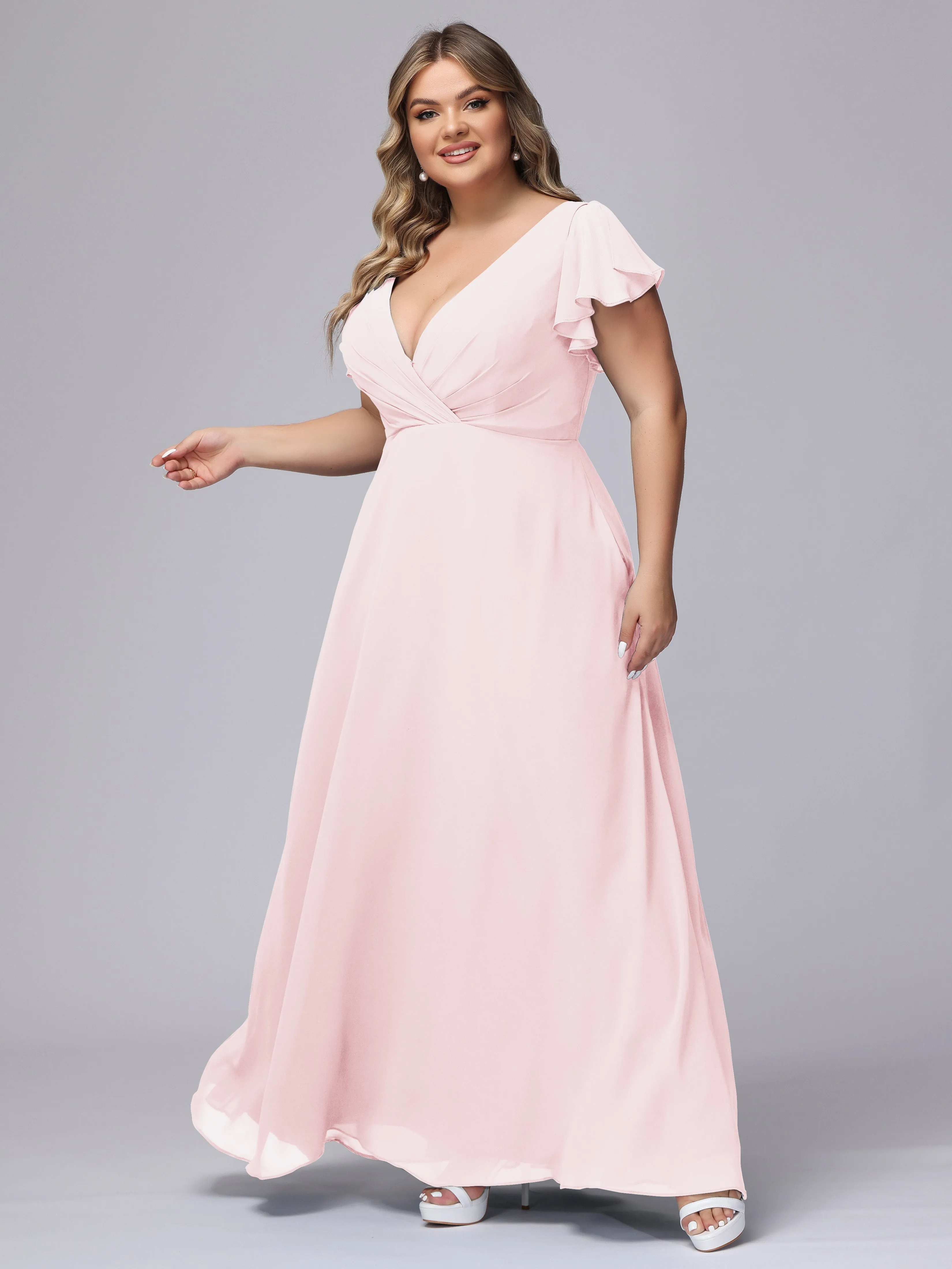 A-line Short Sleeves V-neck Chiffon Plus Size Long Bridesmaid Dresses