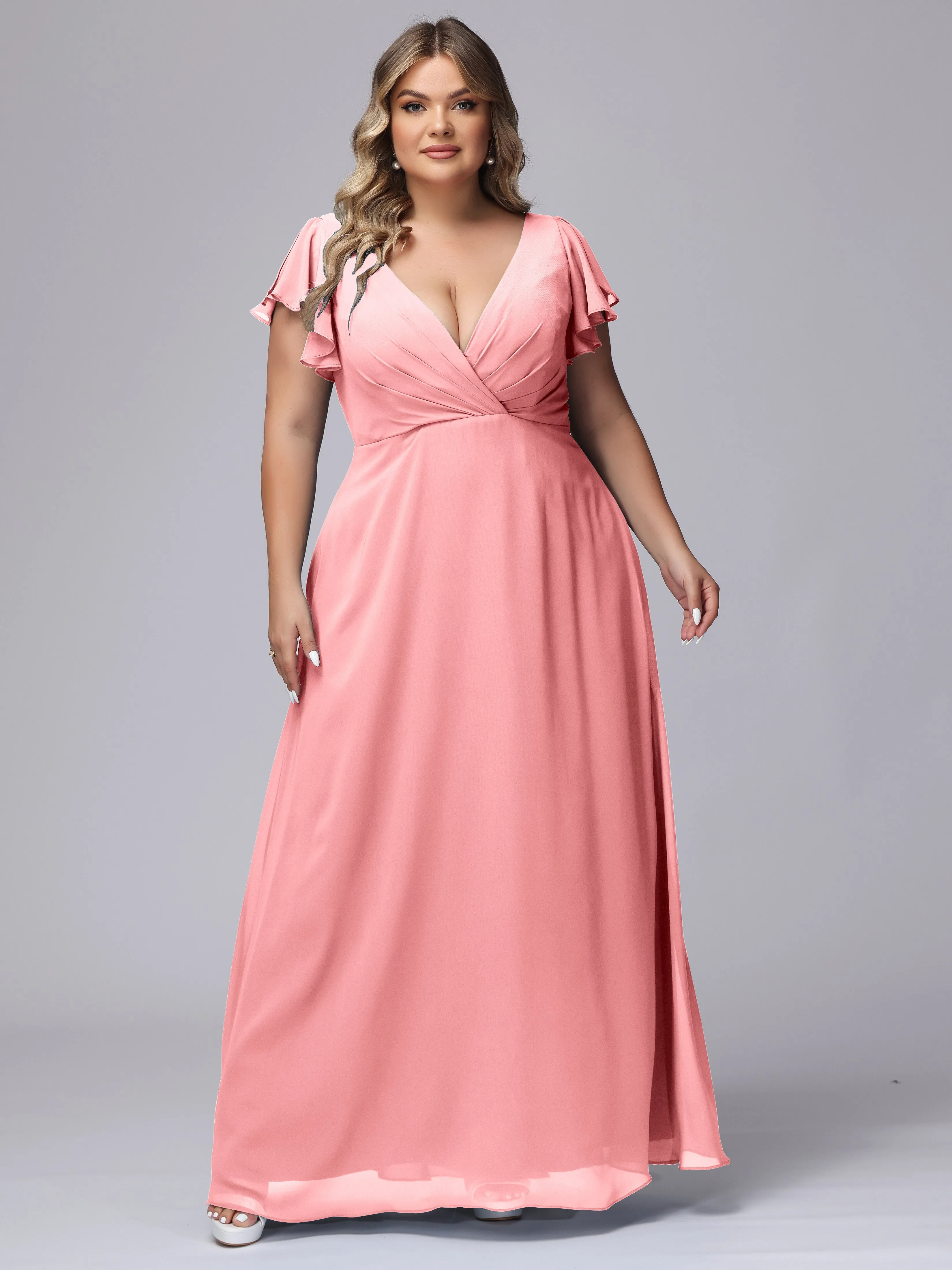 A-line Short Sleeves V-neck Chiffon Plus Size Long Bridesmaid Dresses