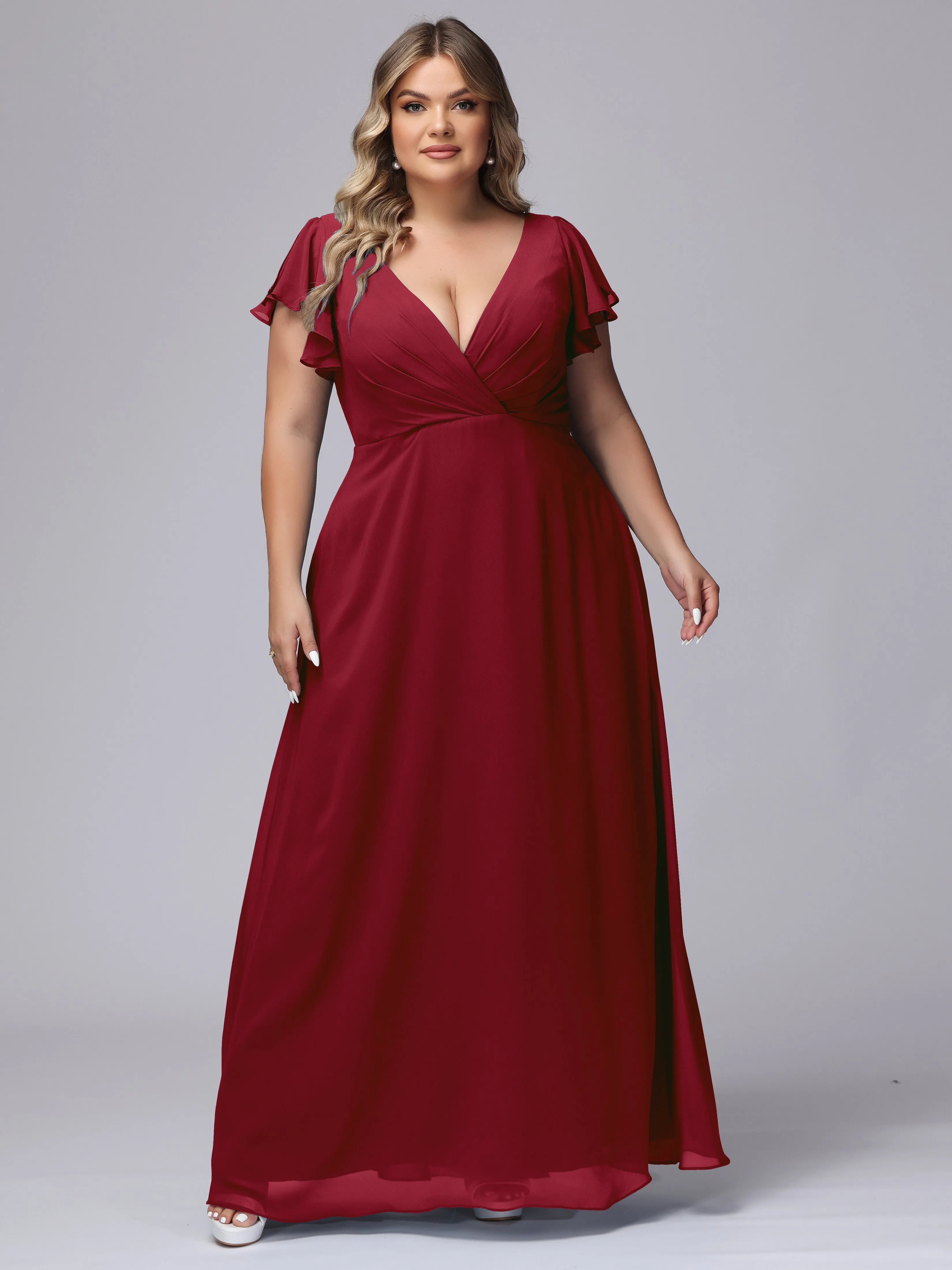 A-line Short Sleeves V-neck Chiffon Plus Size Long Bridesmaid Dresses