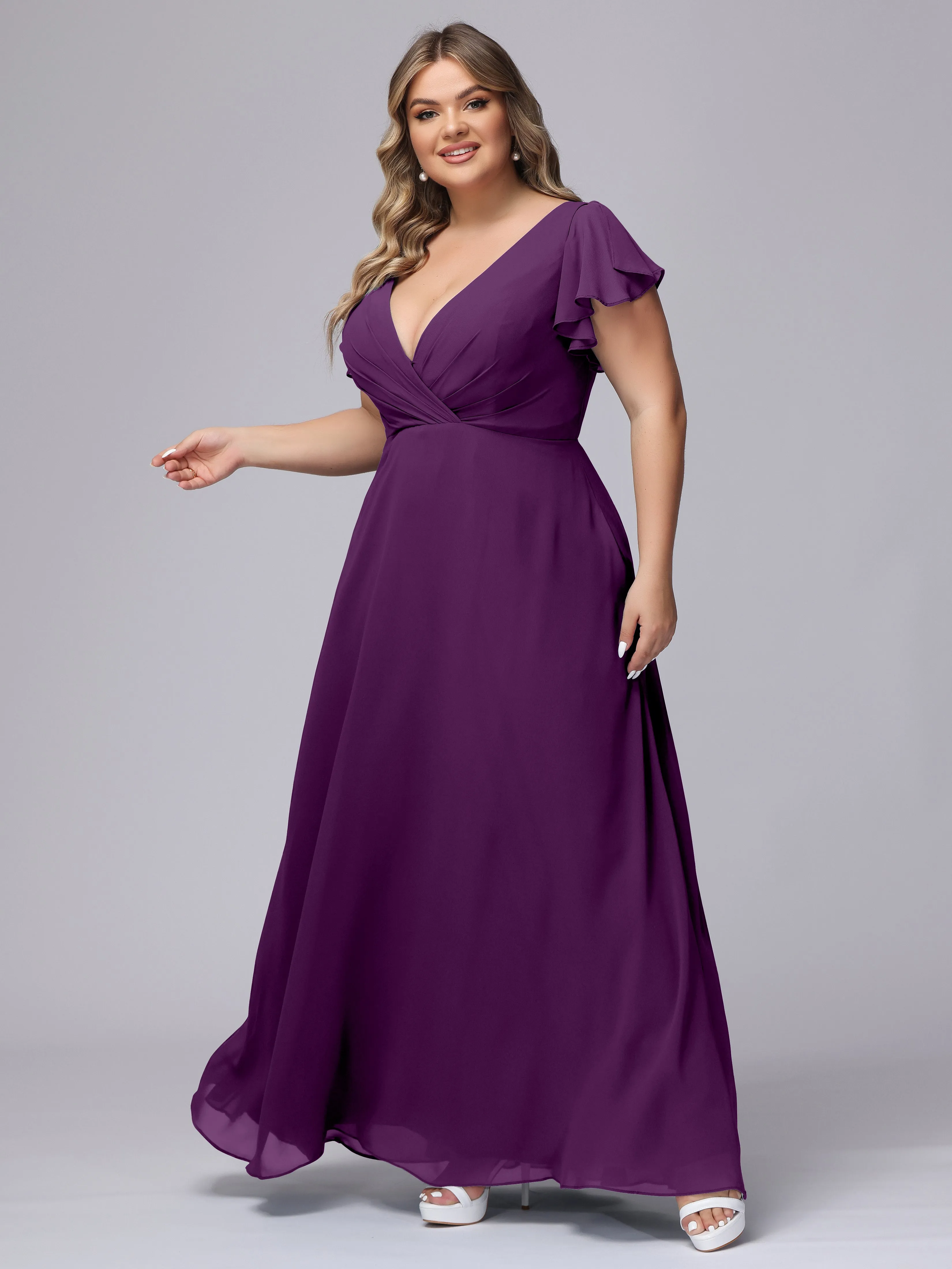 A-line Short Sleeves V-neck Chiffon Plus Size Long Bridesmaid Dresses