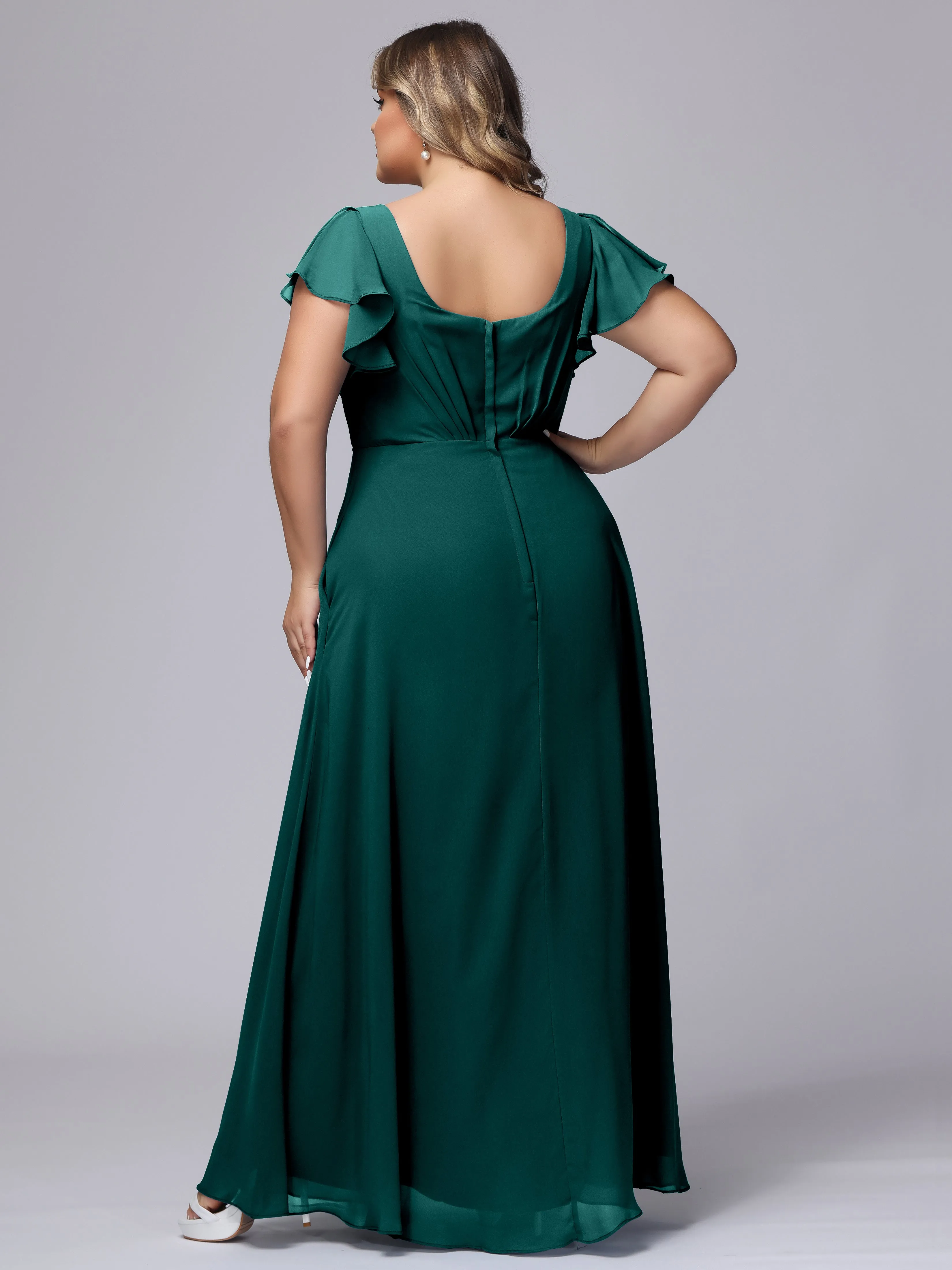 A-line Short Sleeves V-neck Chiffon Plus Size Long Bridesmaid Dresses
