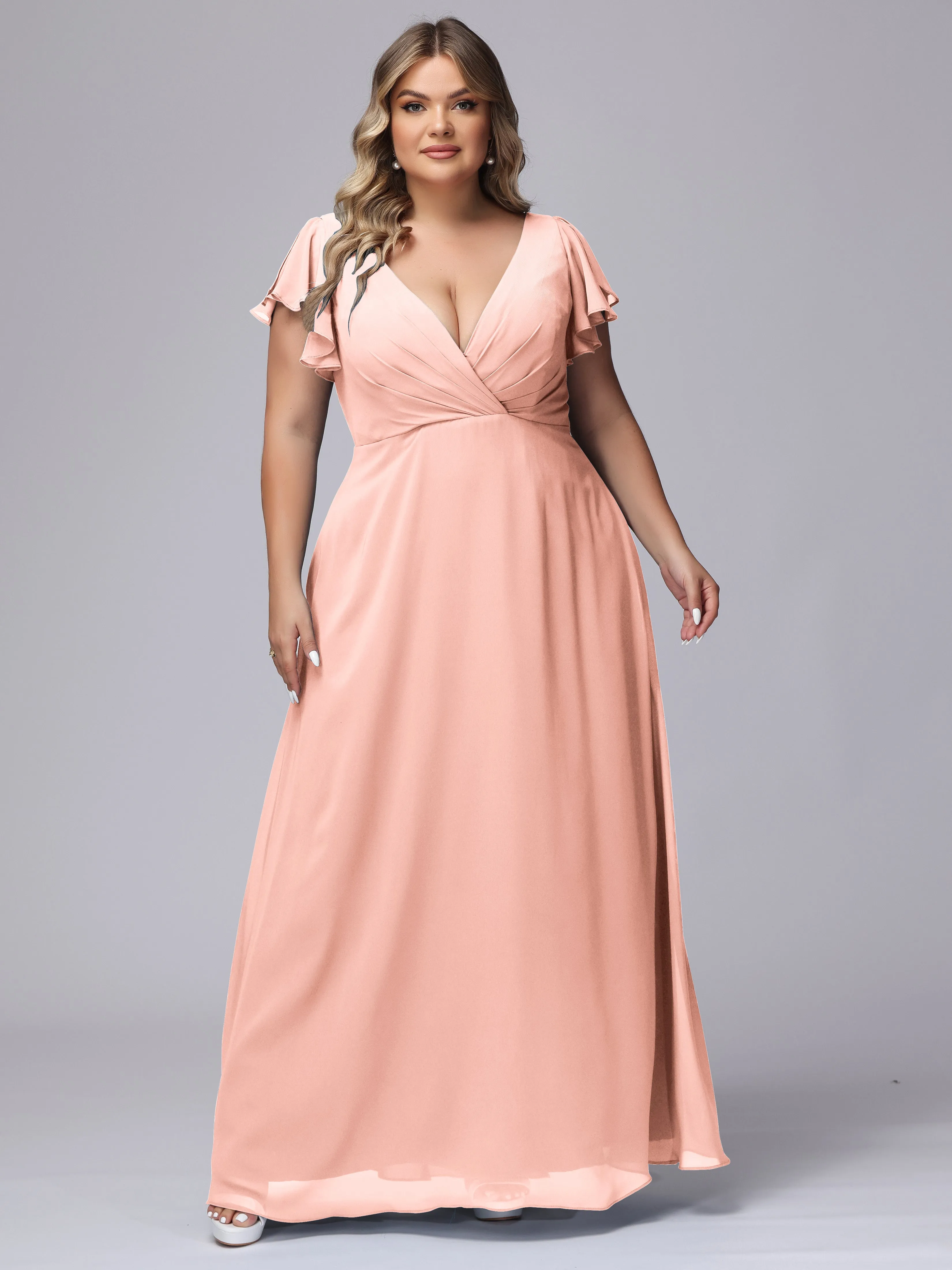 A-line Short Sleeves V-neck Chiffon Plus Size Long Bridesmaid Dresses