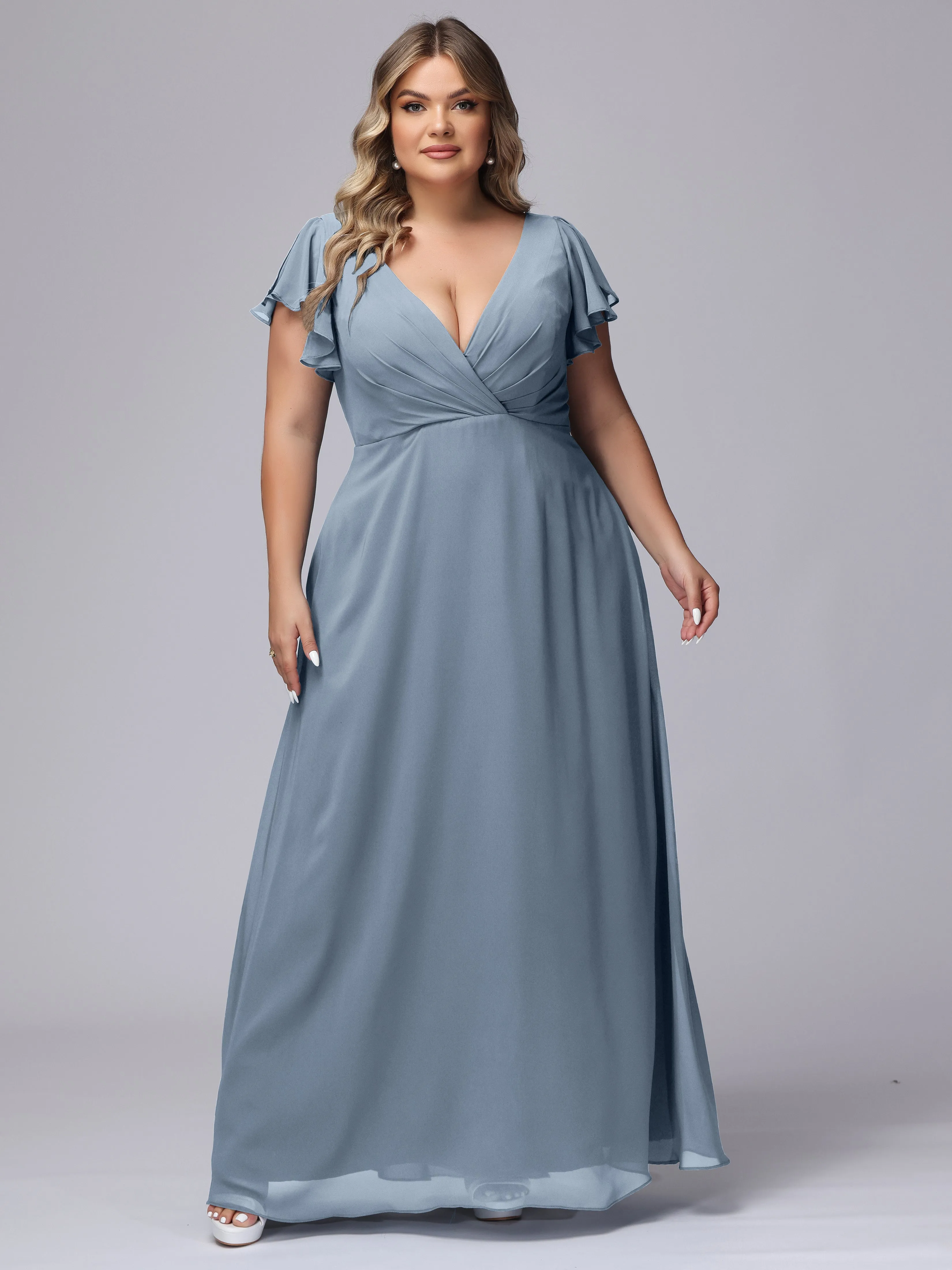 A-line Short Sleeves V-neck Chiffon Plus Size Long Bridesmaid Dresses