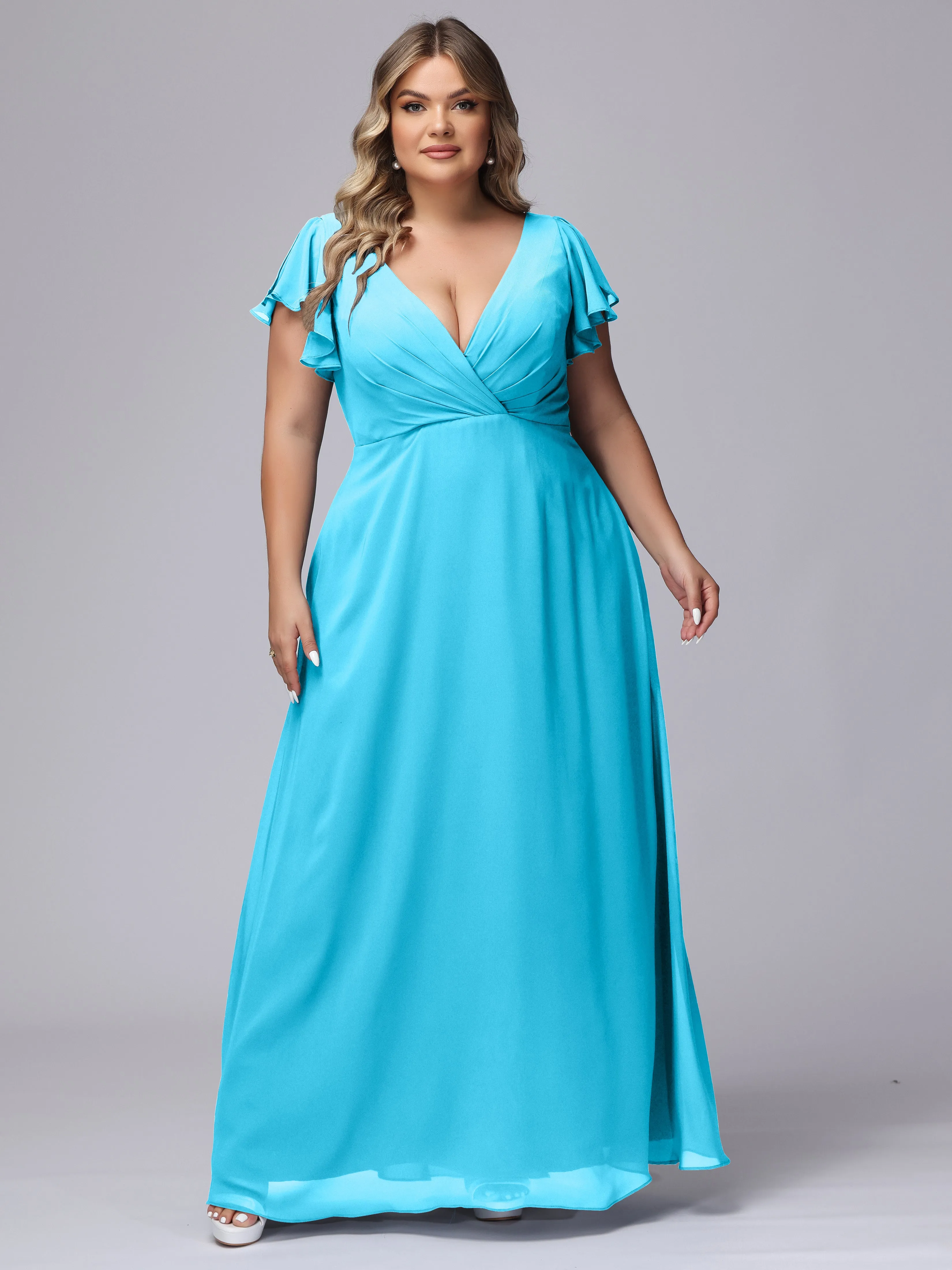 A-line Short Sleeves V-neck Chiffon Plus Size Long Bridesmaid Dresses