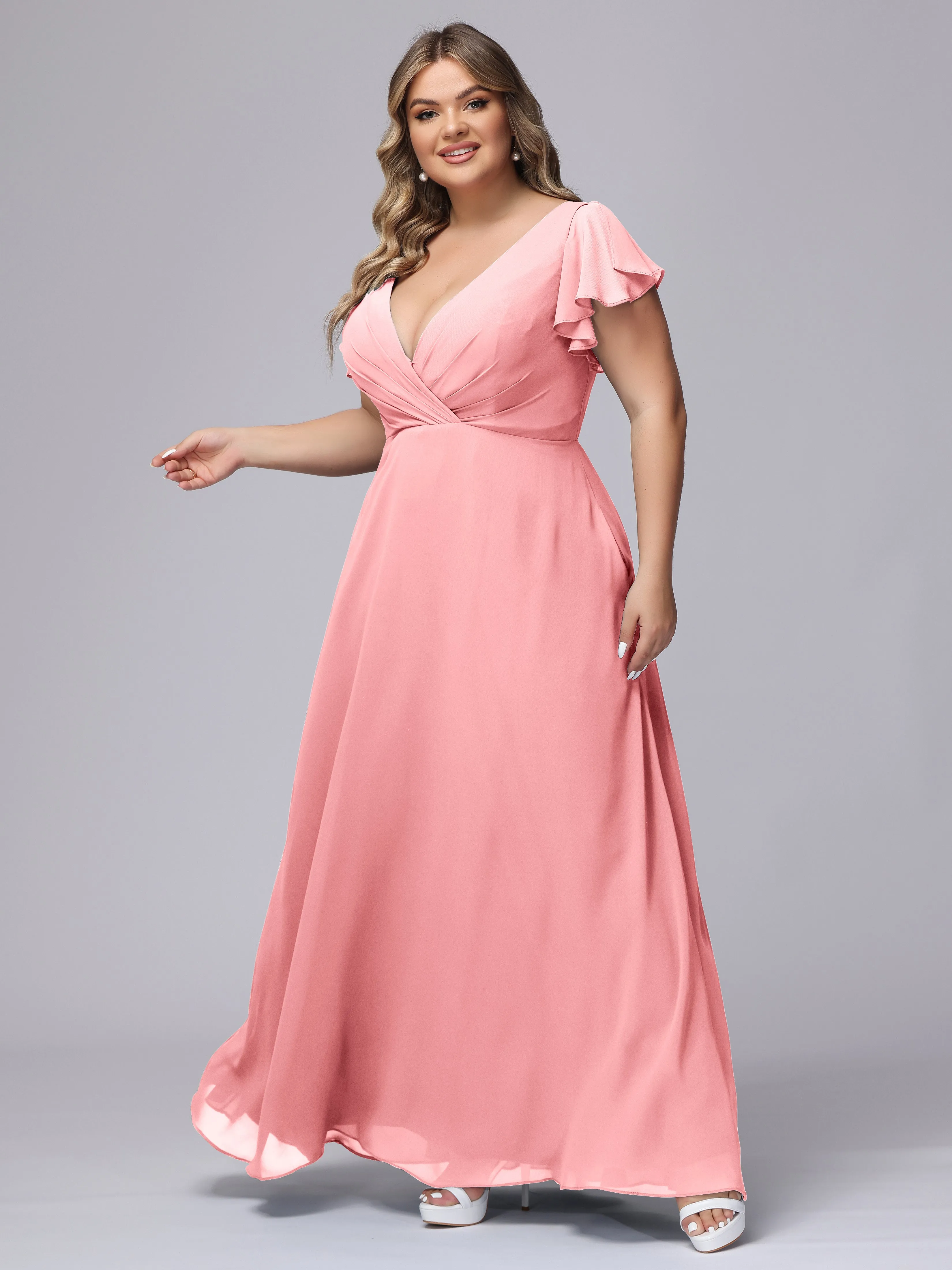 A-line Short Sleeves V-neck Chiffon Plus Size Long Bridesmaid Dresses