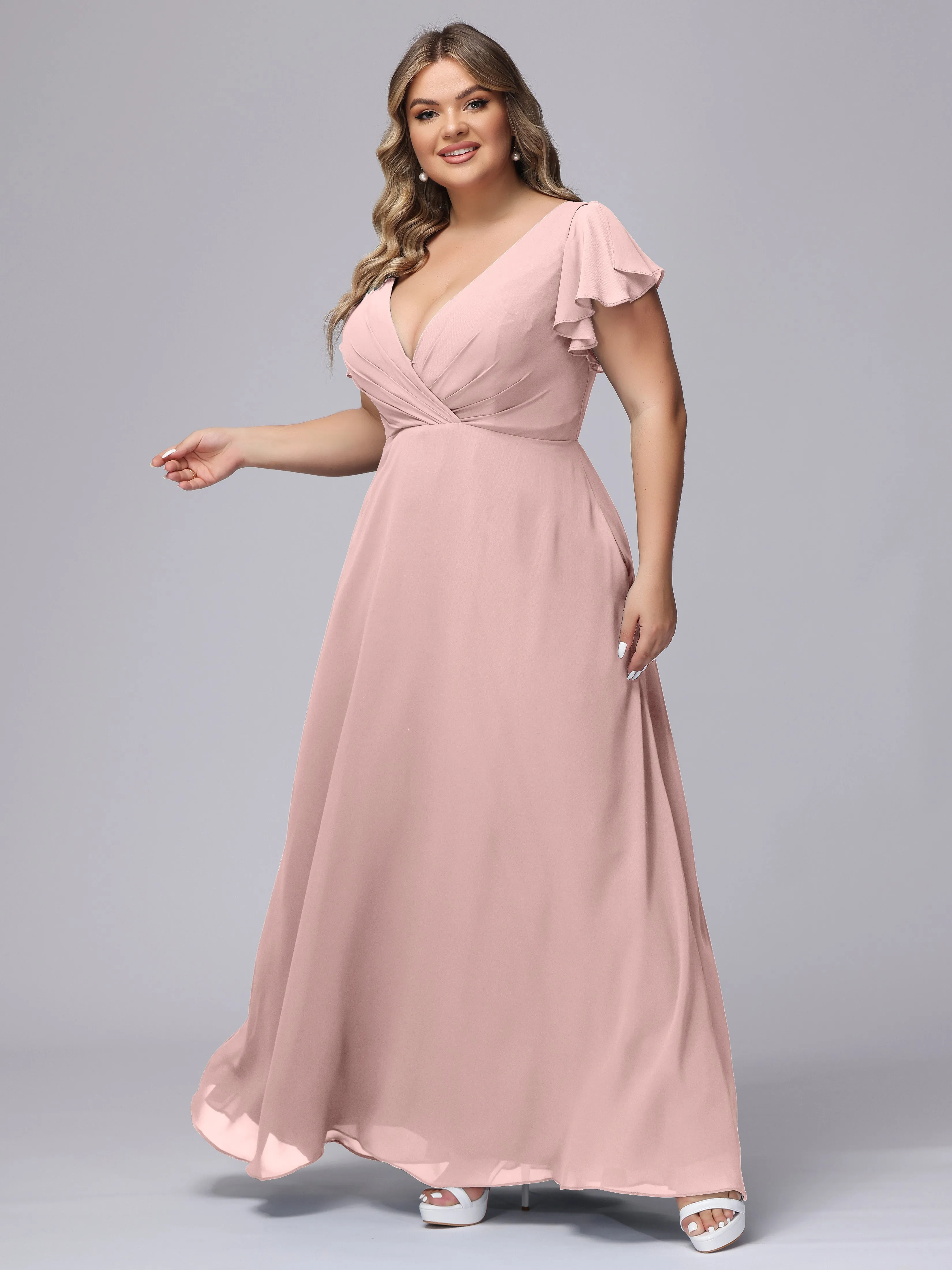A-line Short Sleeves V-neck Chiffon Plus Size Long Bridesmaid Dresses