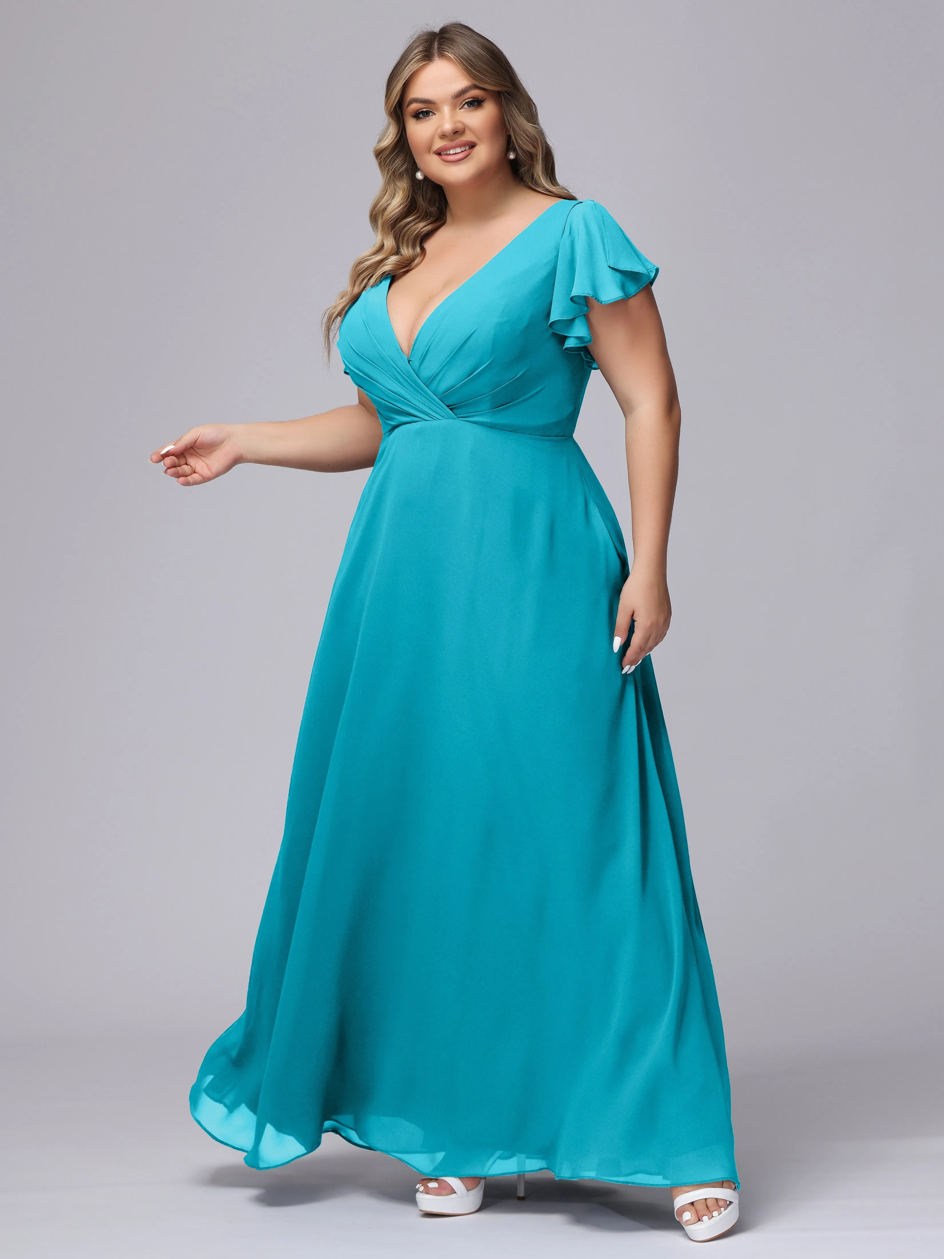 A-line Short Sleeves V-neck Chiffon Plus Size Long Bridesmaid Dresses