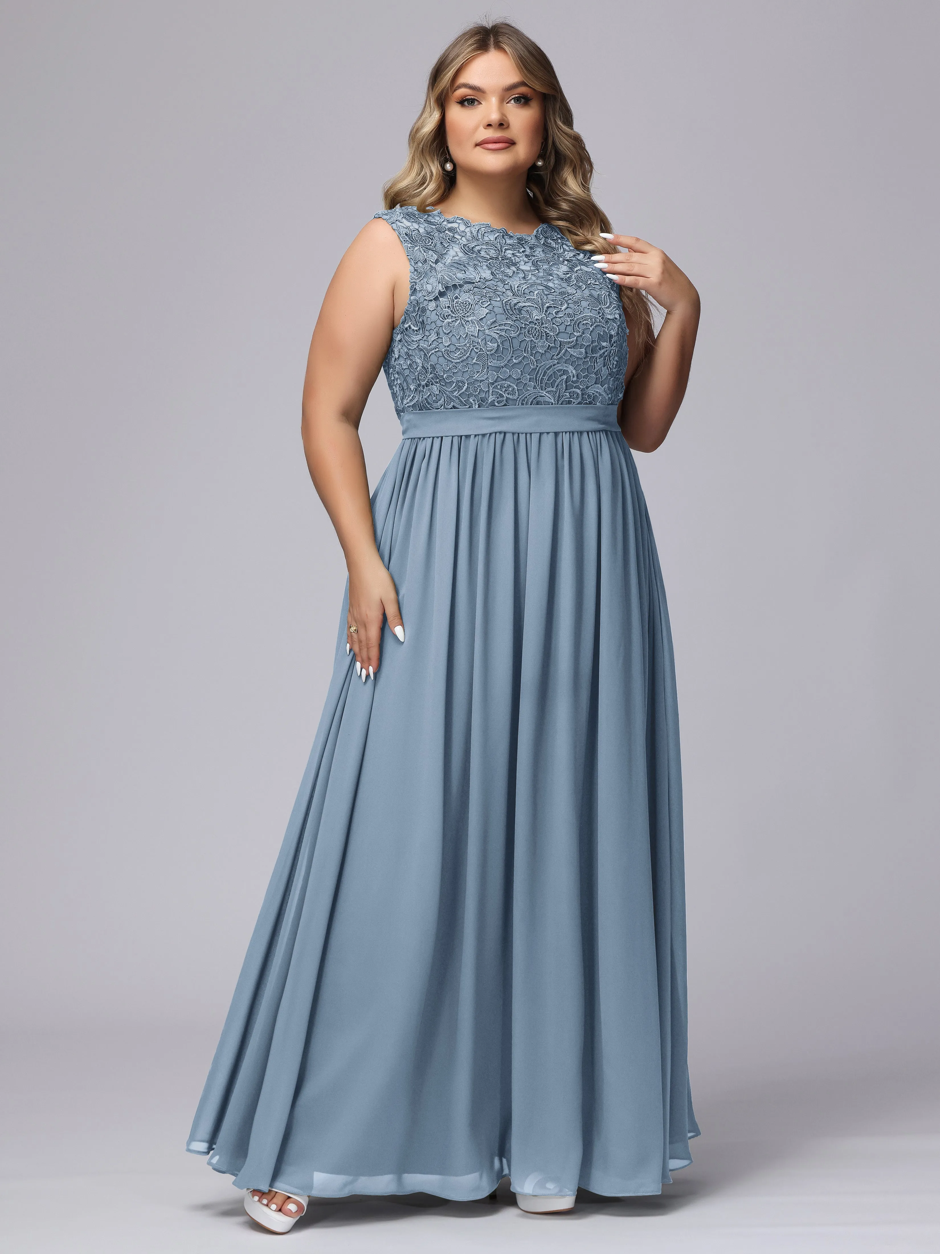 A-Line Sleeveless Lace Top Chiffon Plus Size Bridesmaid Dresses