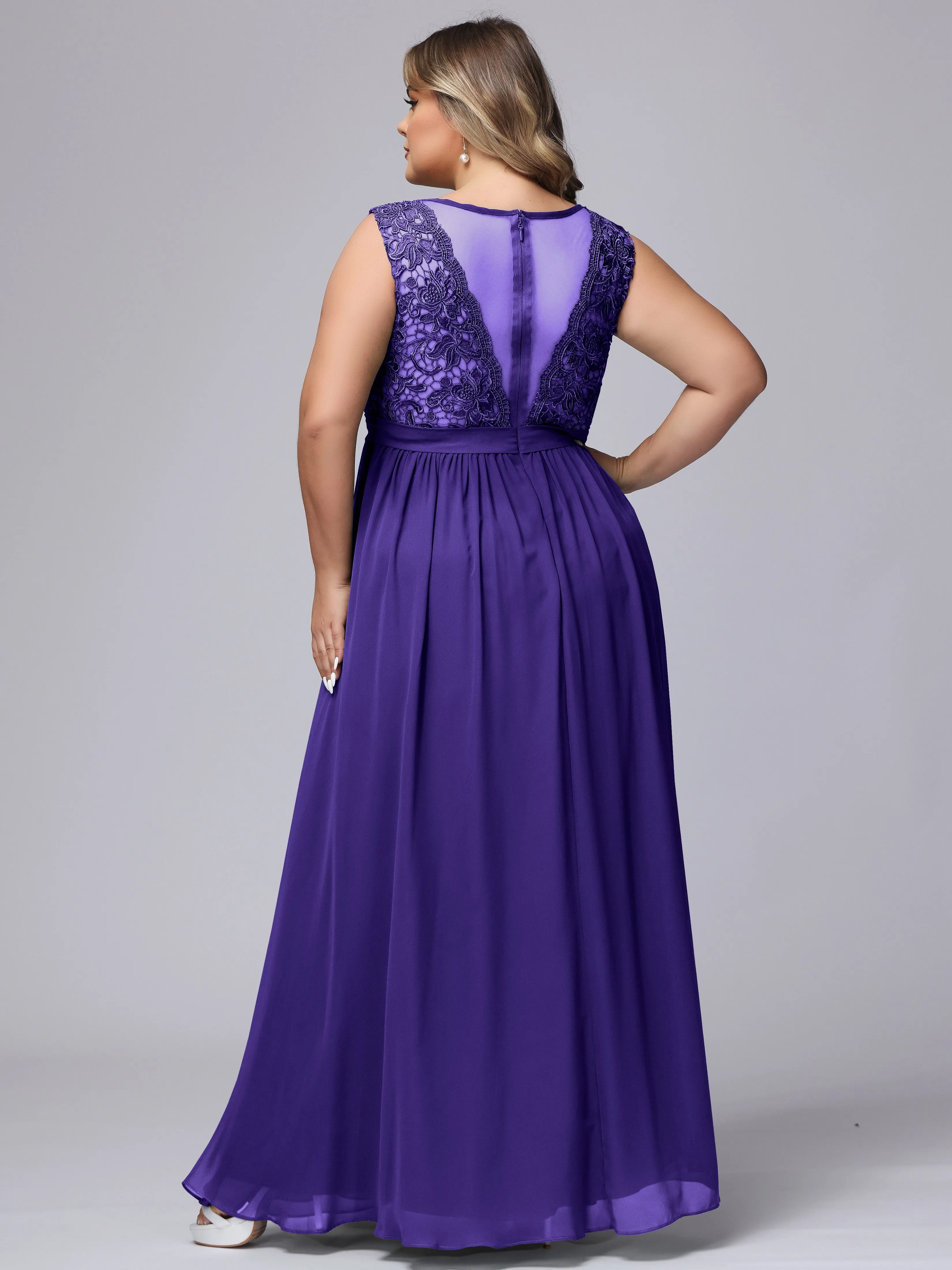 A-Line Sleeveless Lace Top Chiffon Plus Size Bridesmaid Dresses