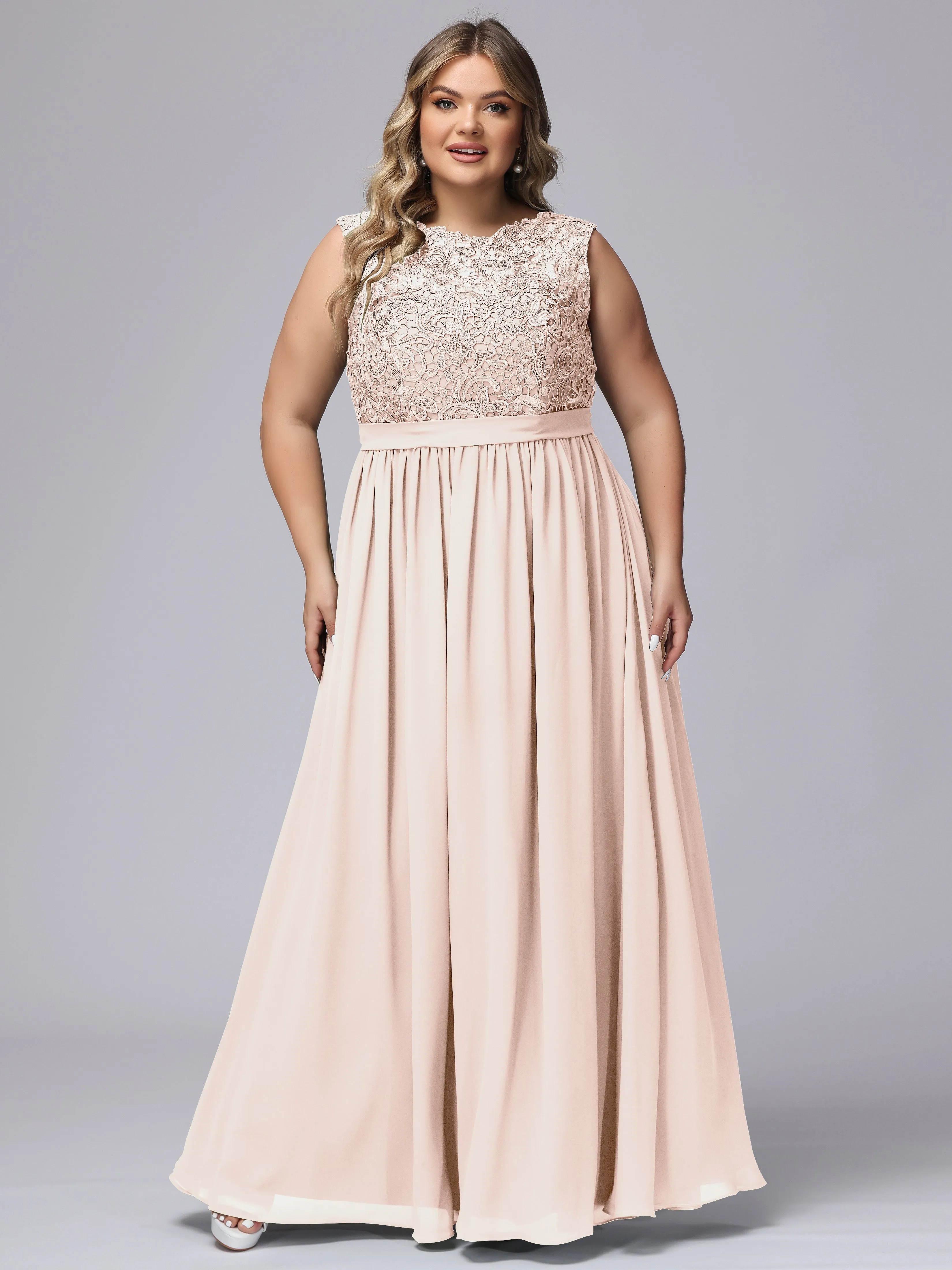 A-Line Sleeveless Lace Top Chiffon Plus Size Bridesmaid Dresses