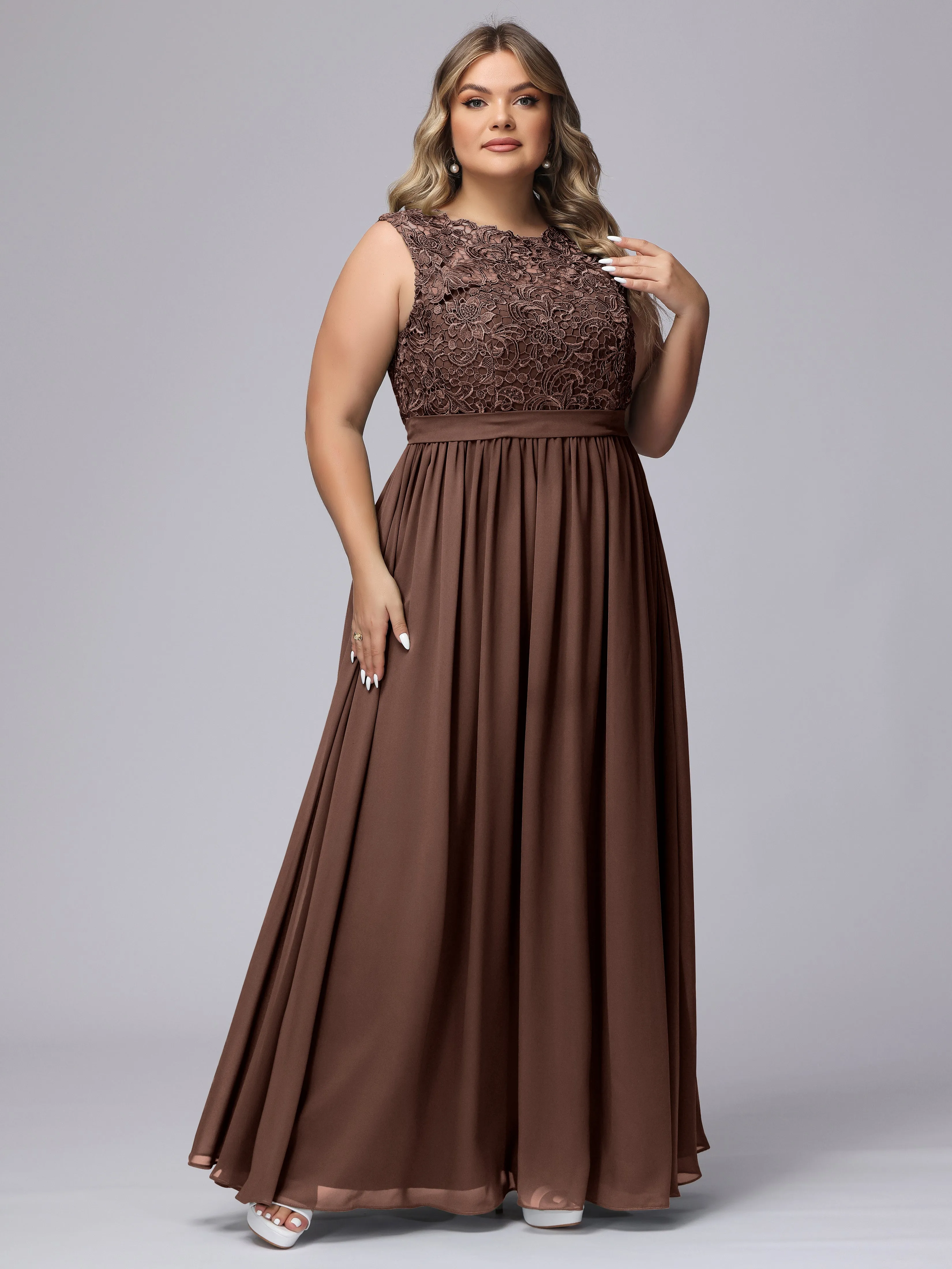 A-Line Sleeveless Lace Top Chiffon Plus Size Bridesmaid Dresses
