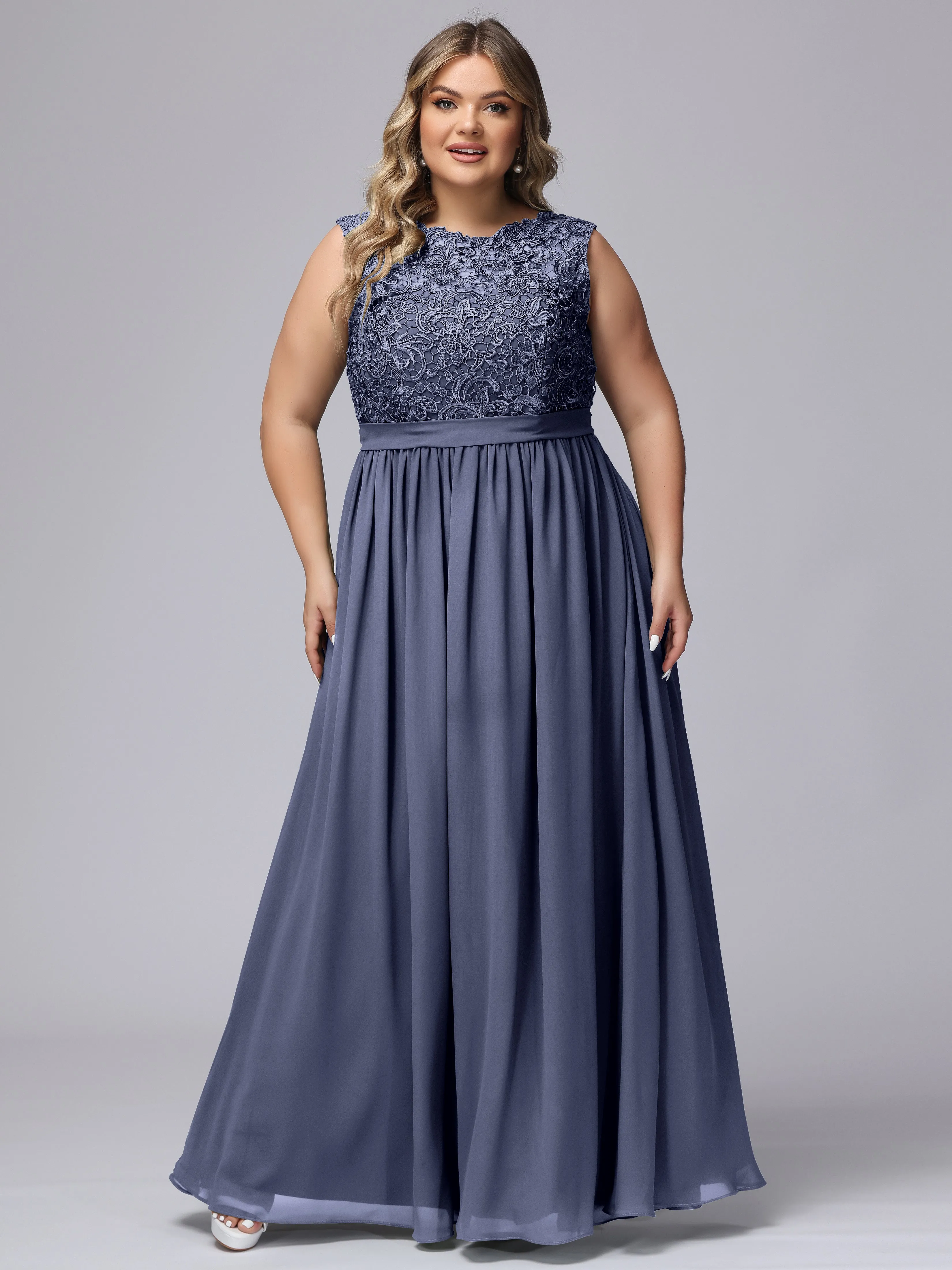 A-Line Sleeveless Lace Top Chiffon Plus Size Bridesmaid Dresses