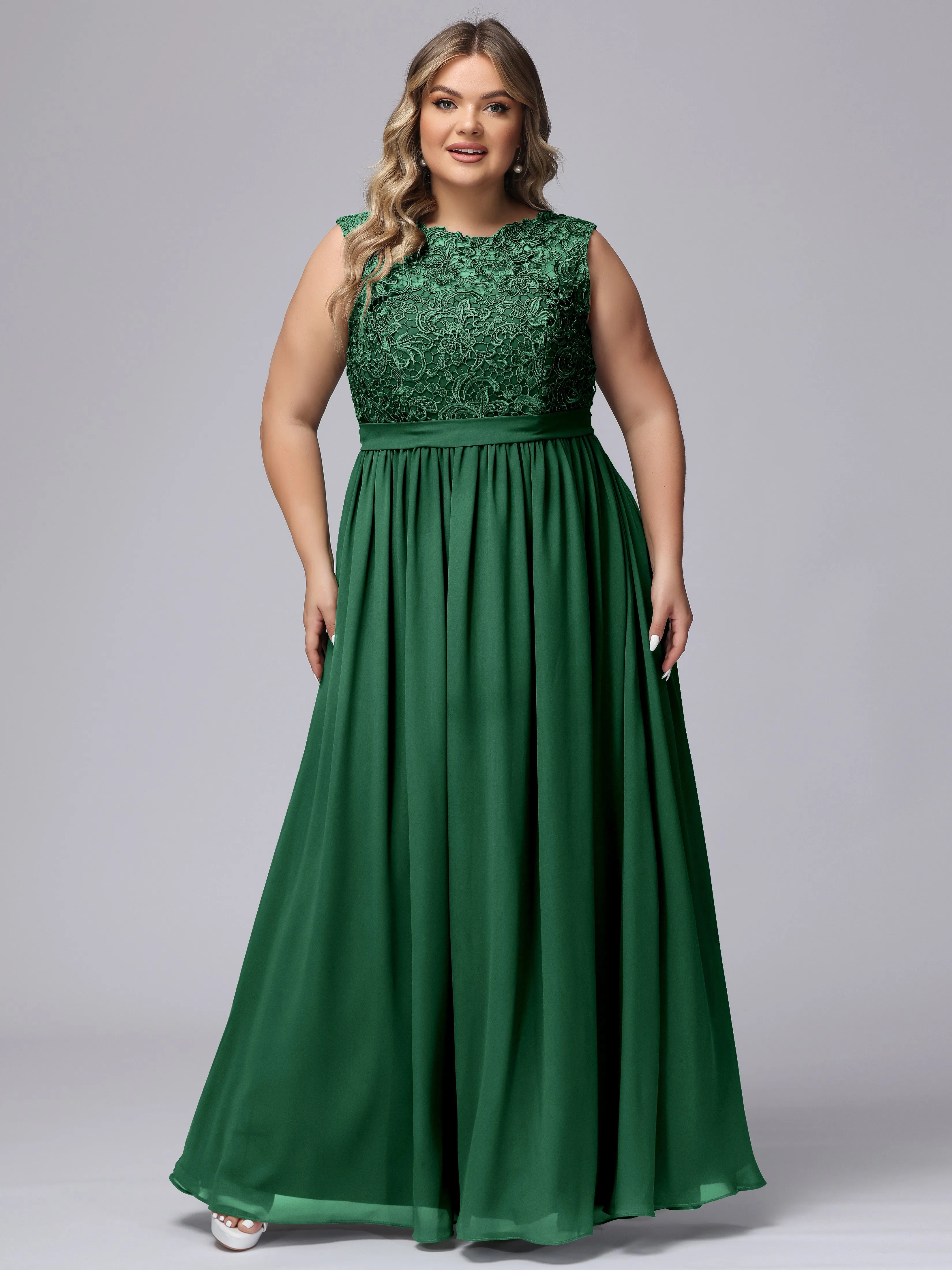 A-Line Sleeveless Lace Top Chiffon Plus Size Bridesmaid Dresses