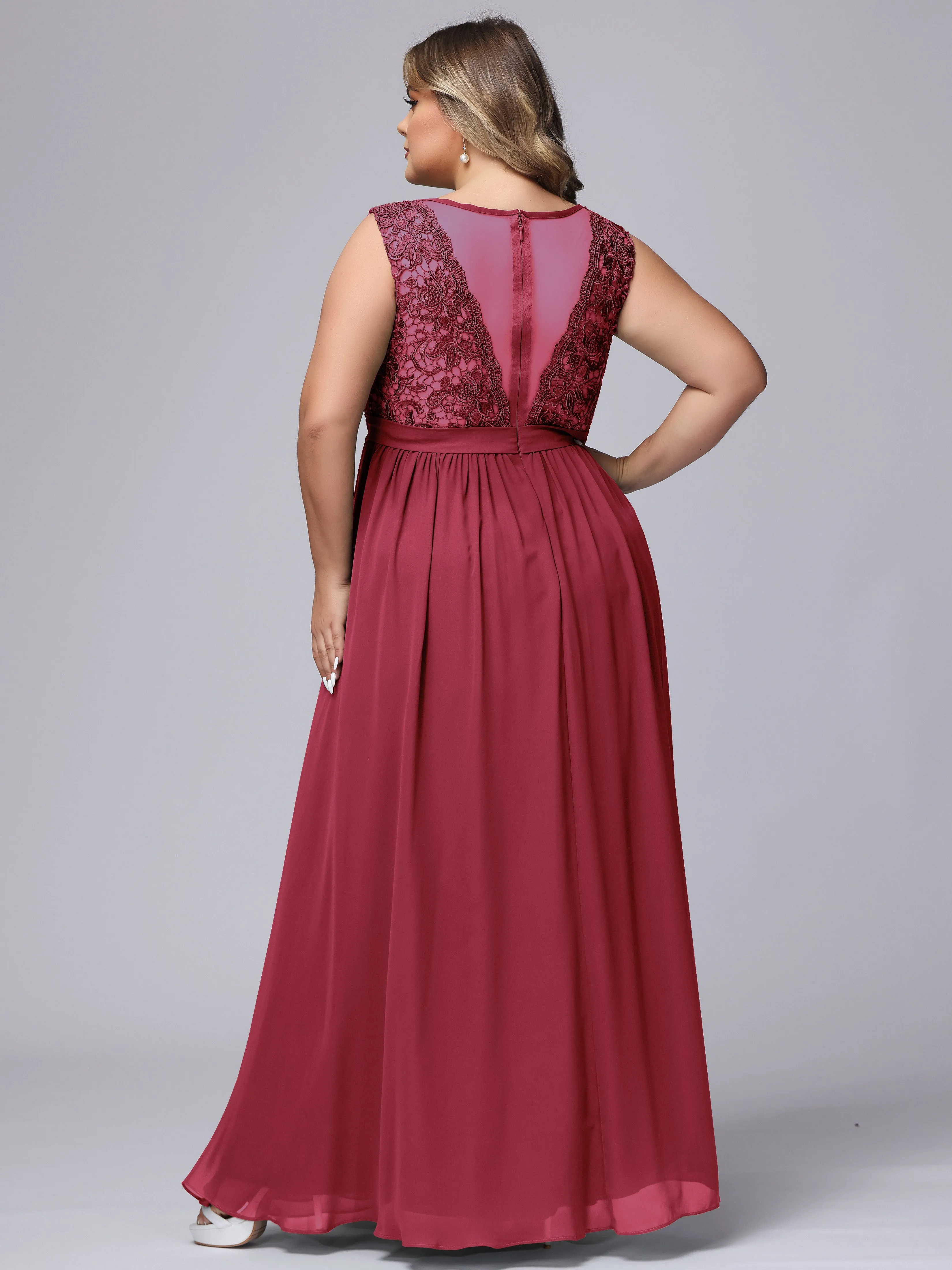 A-Line Sleeveless Lace Top Chiffon Plus Size Bridesmaid Dresses