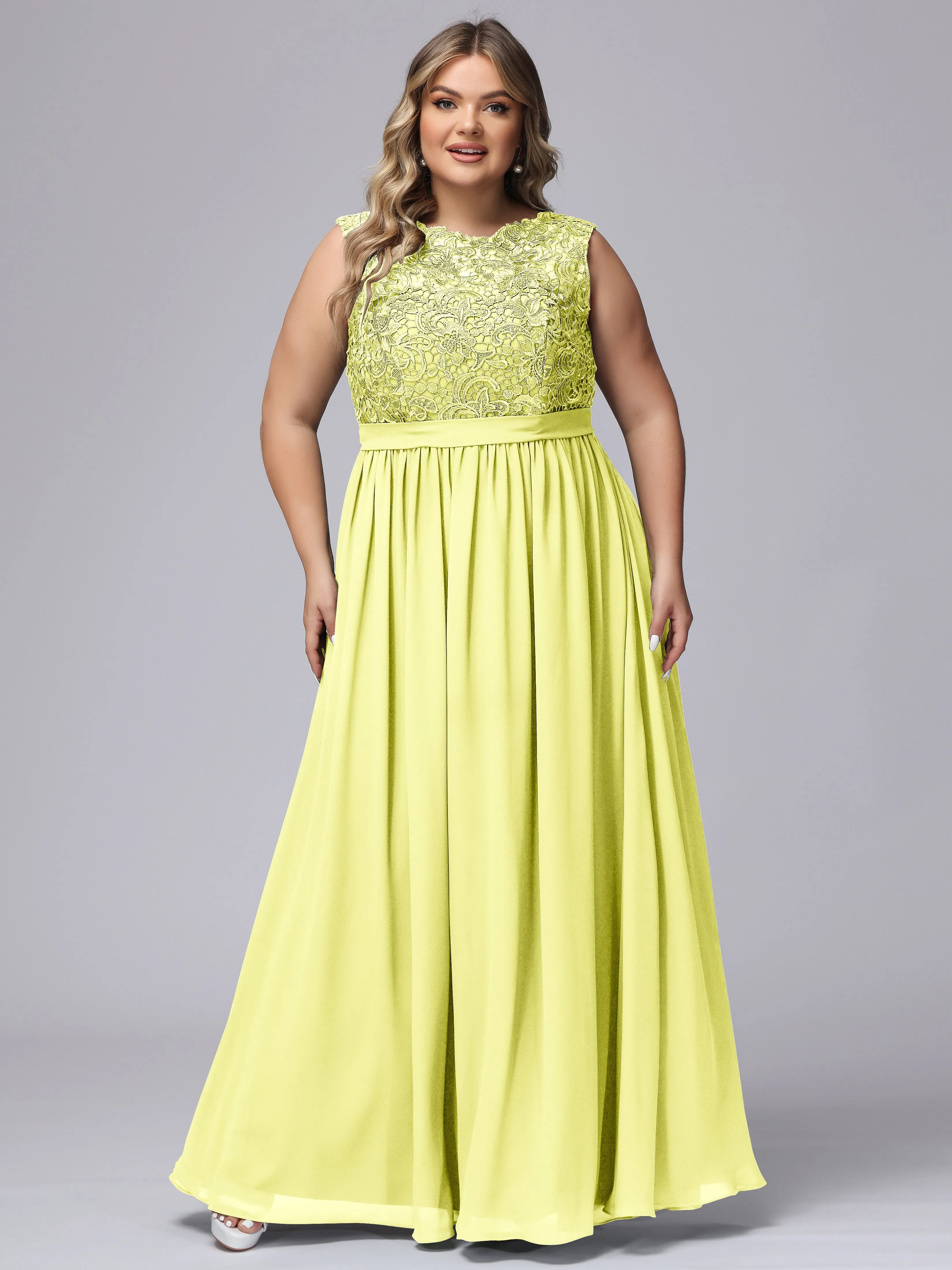 A-Line Sleeveless Lace Top Chiffon Plus Size Bridesmaid Dresses
