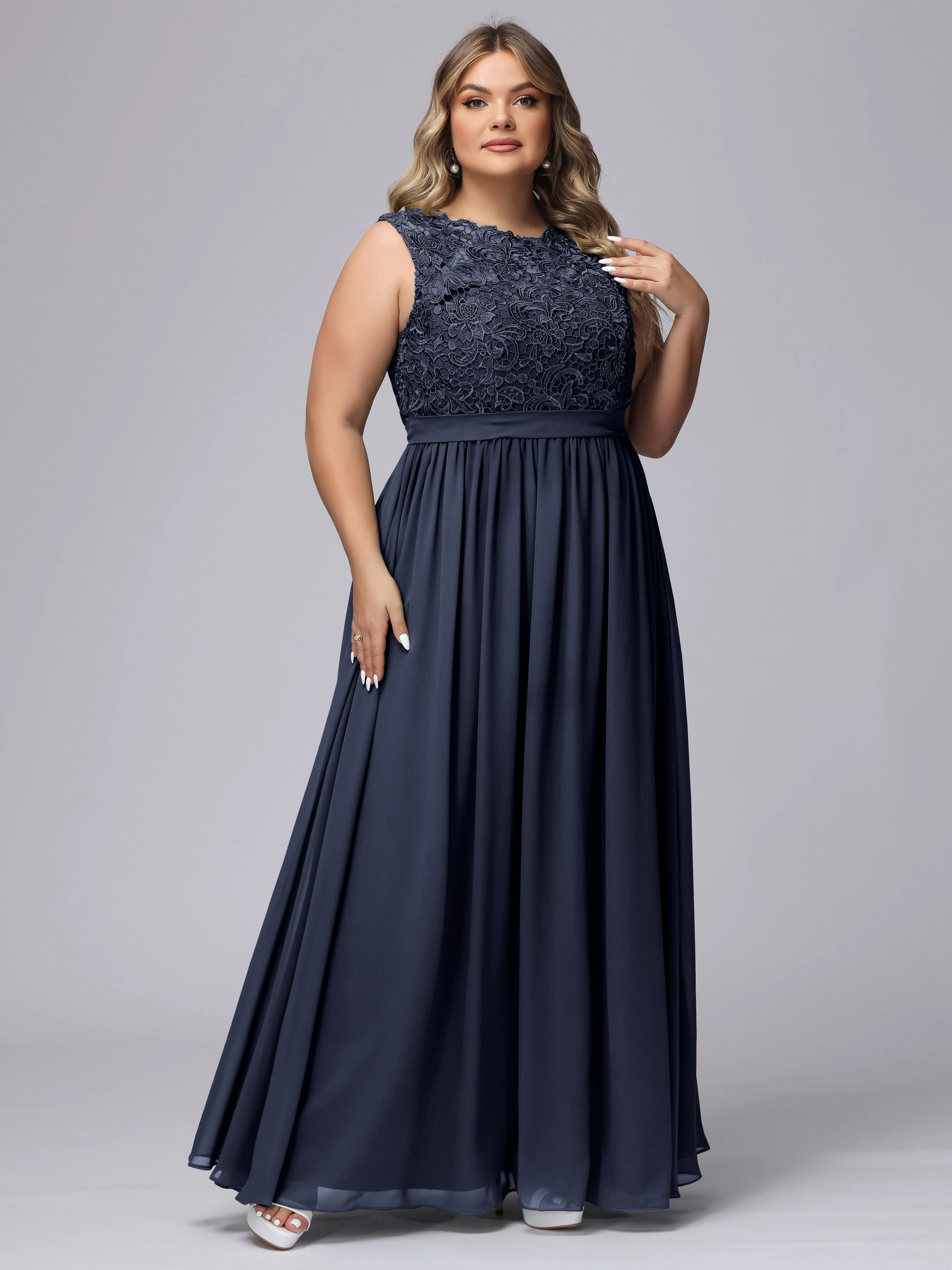 A-Line Sleeveless Lace Top Chiffon Plus Size Bridesmaid Dresses