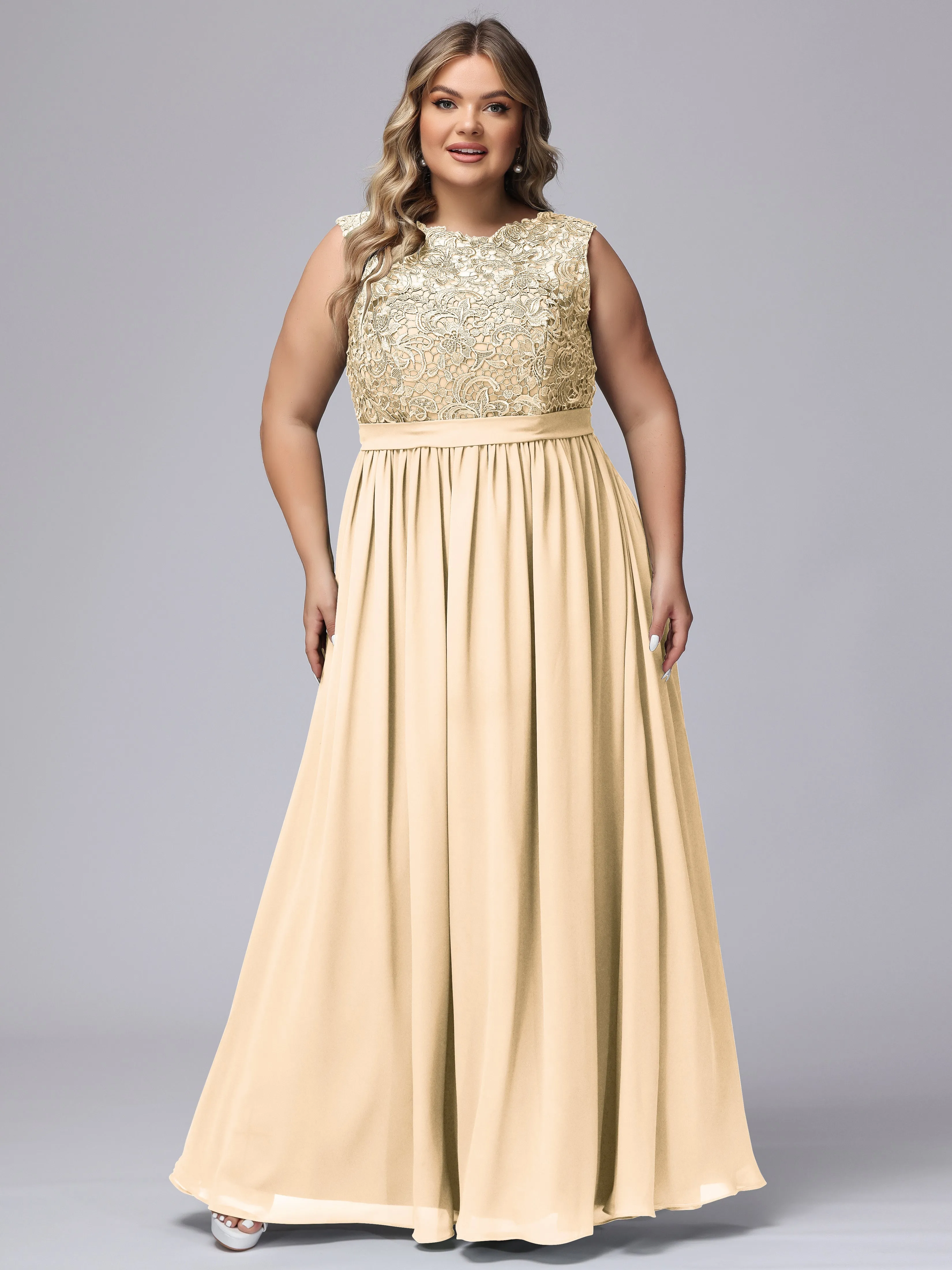 A-Line Sleeveless Lace Top Chiffon Plus Size Bridesmaid Dresses