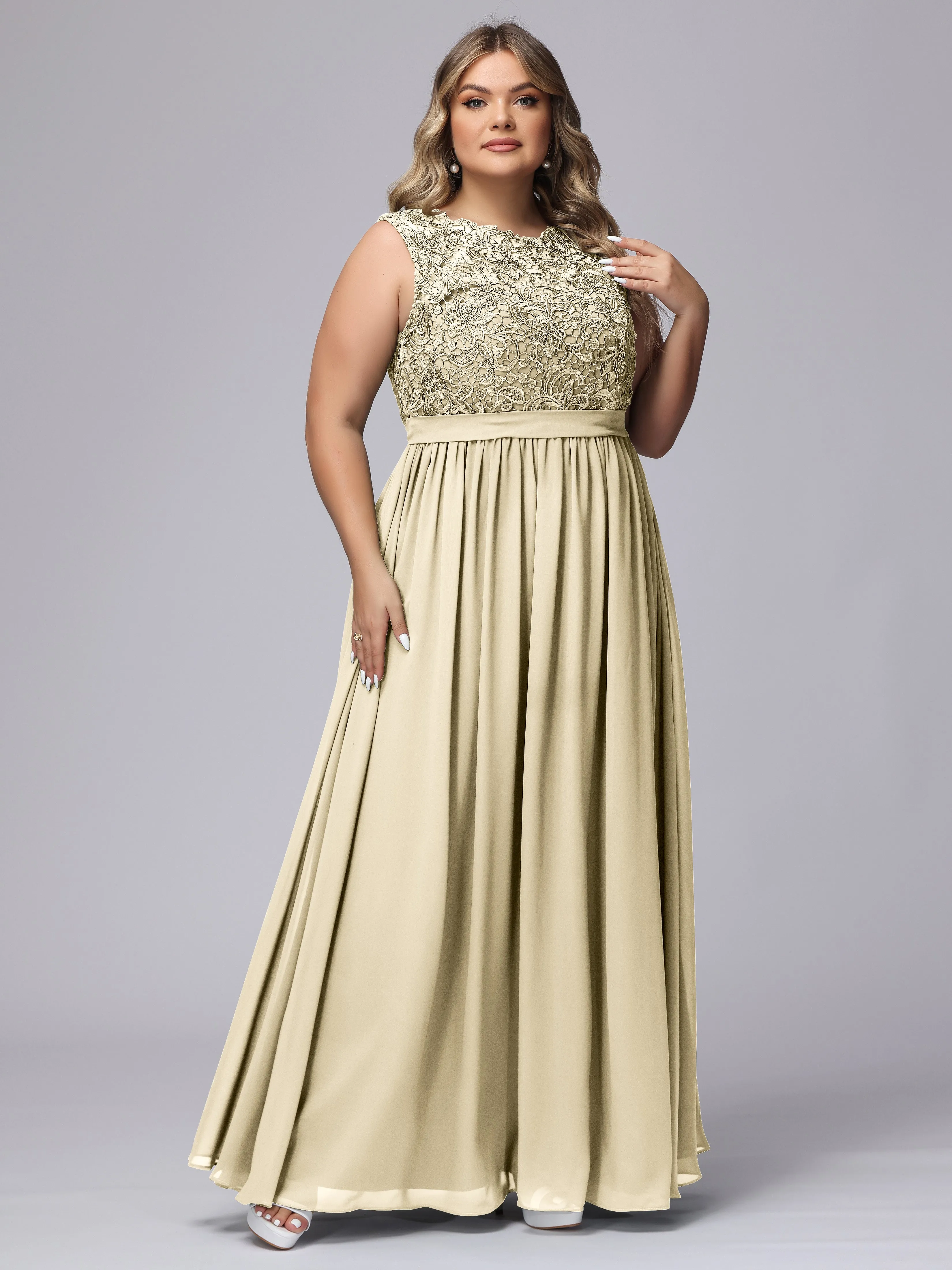A-Line Sleeveless Lace Top Chiffon Plus Size Bridesmaid Dresses