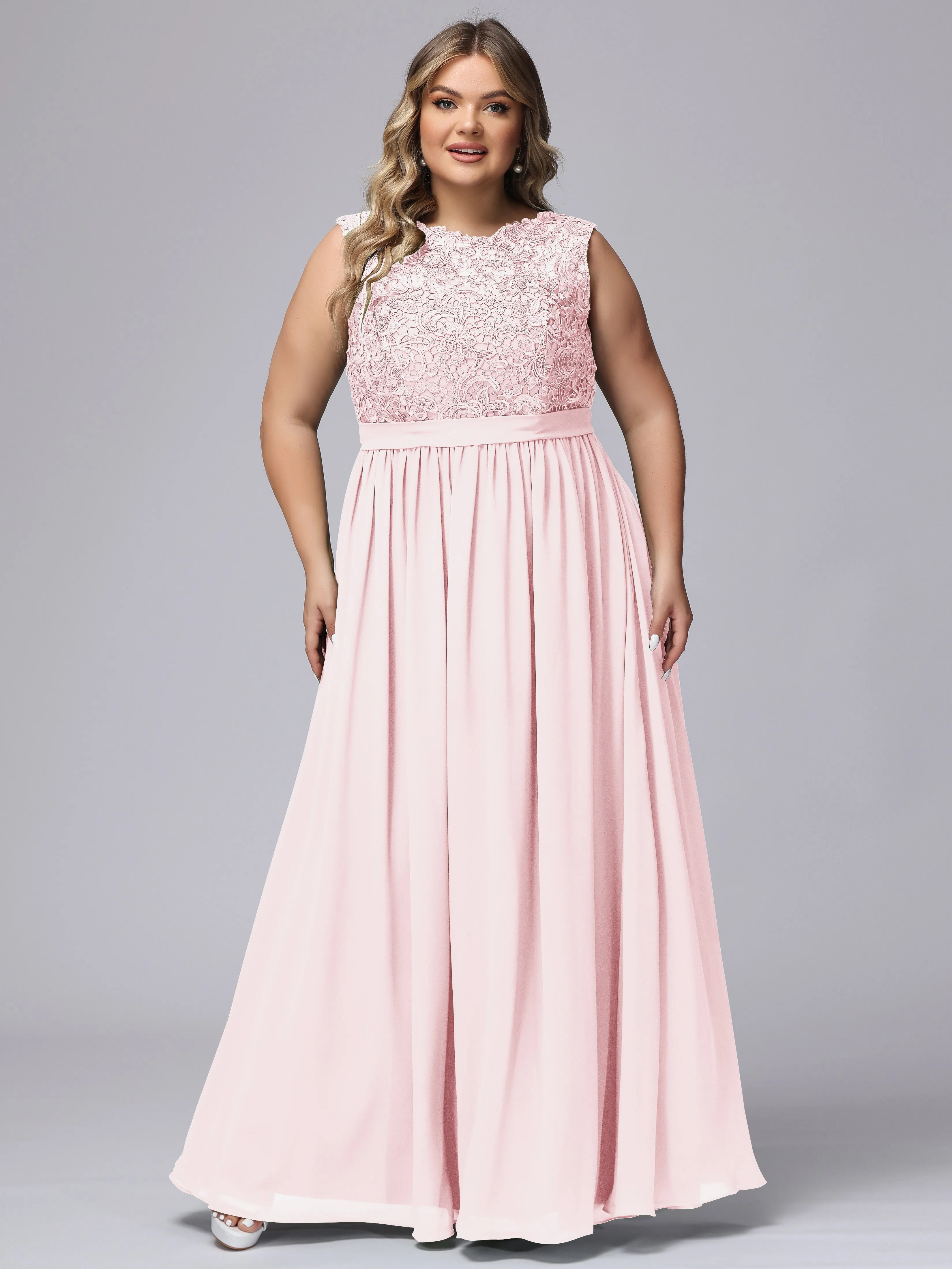 A-Line Sleeveless Lace Top Chiffon Plus Size Bridesmaid Dresses