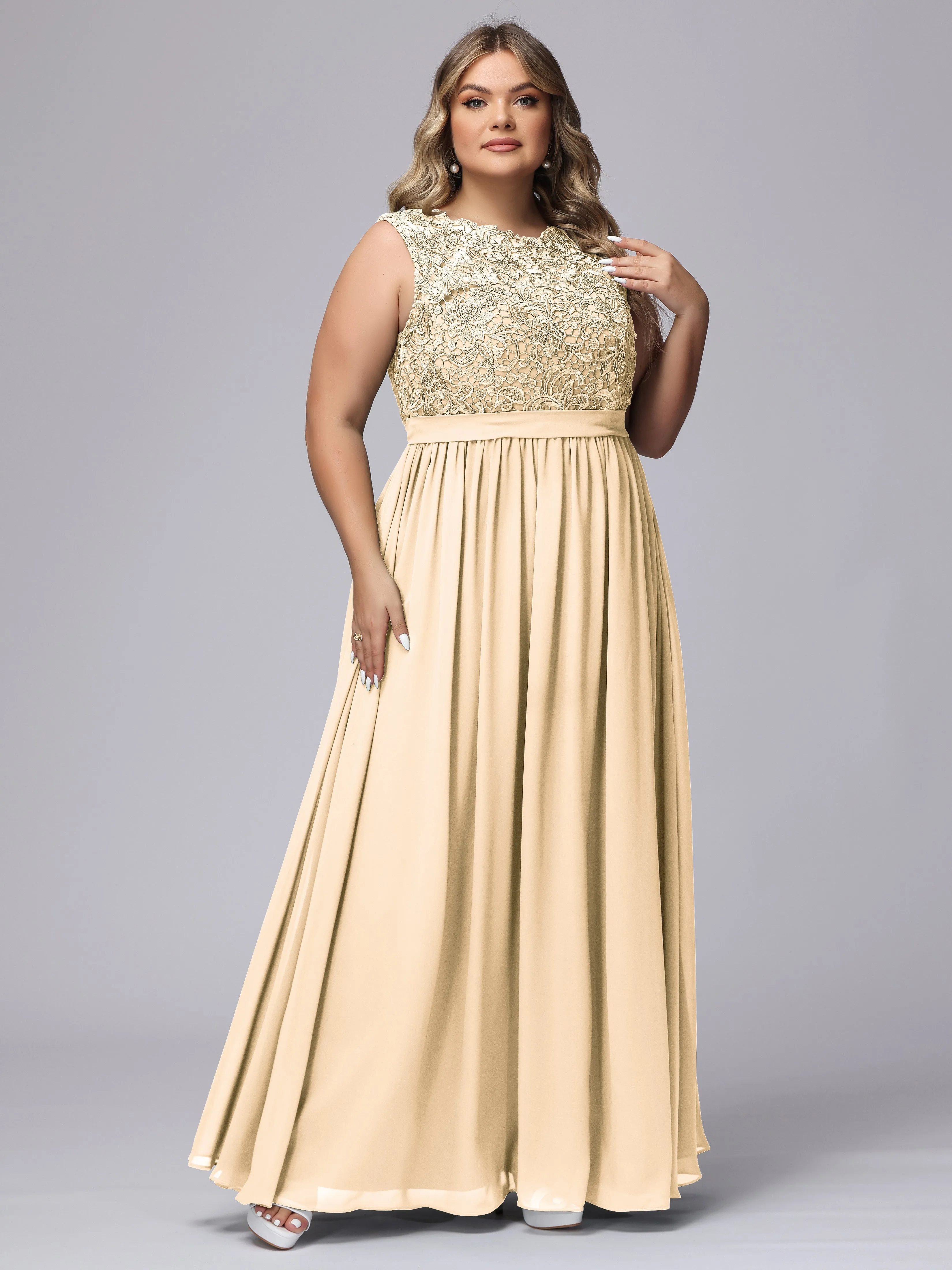 A-Line Sleeveless Lace Top Chiffon Plus Size Bridesmaid Dresses