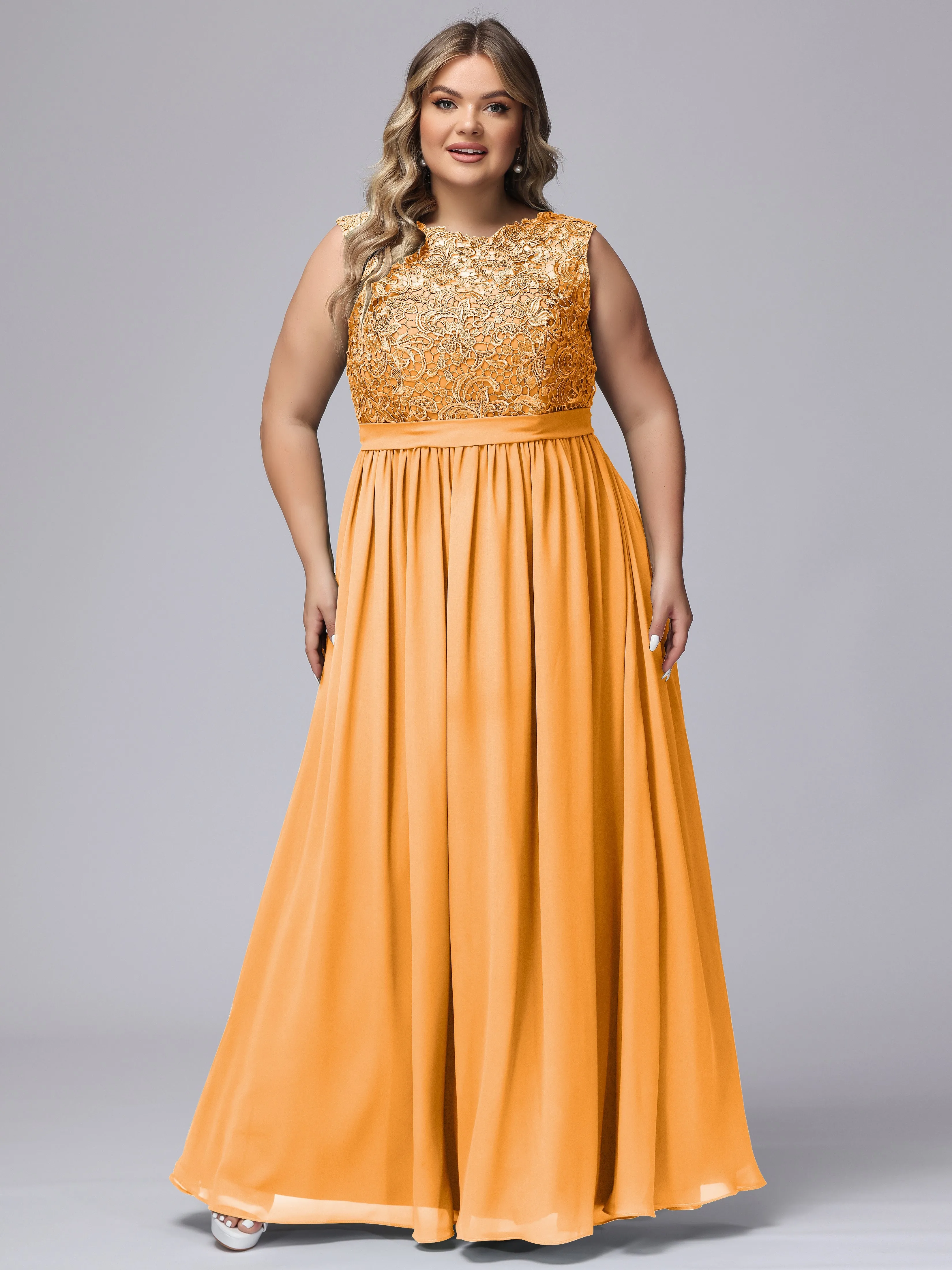 A-Line Sleeveless Lace Top Chiffon Plus Size Bridesmaid Dresses